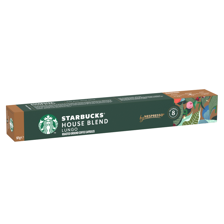 Caja de cápsulas de café tostado Starbucks House Blend Lungo, fondo blanco.