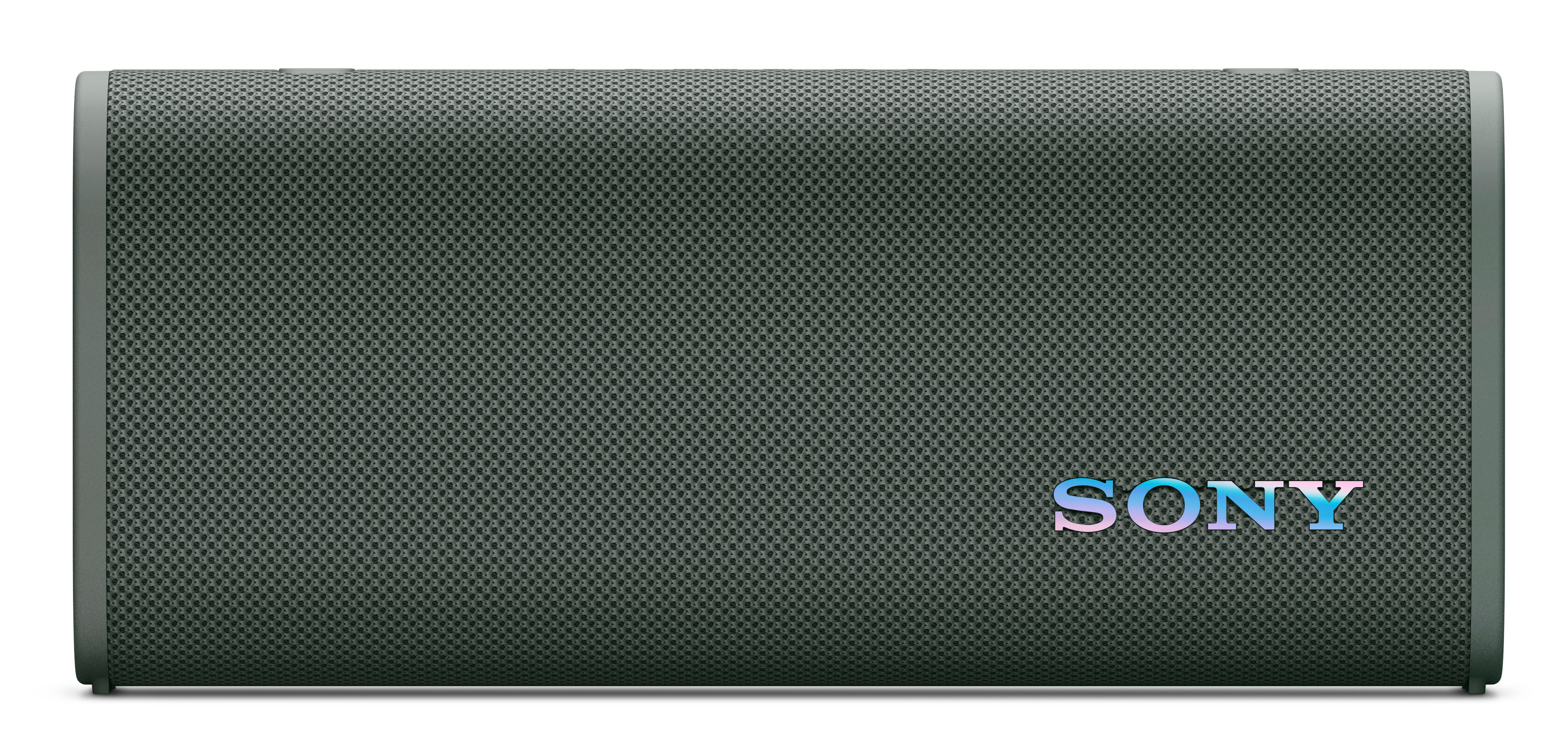 Prostokątny głośnik z ciemnozielonym przednim panelem z siatki. Słowo 'SONY' jest napisane w tęczowych kolorach.