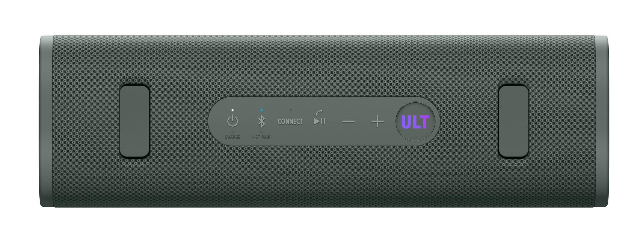 Szary soundbar z przyciskami na górze. Przyciski obejmują zasilanie, Bluetooth i regulację głośności.