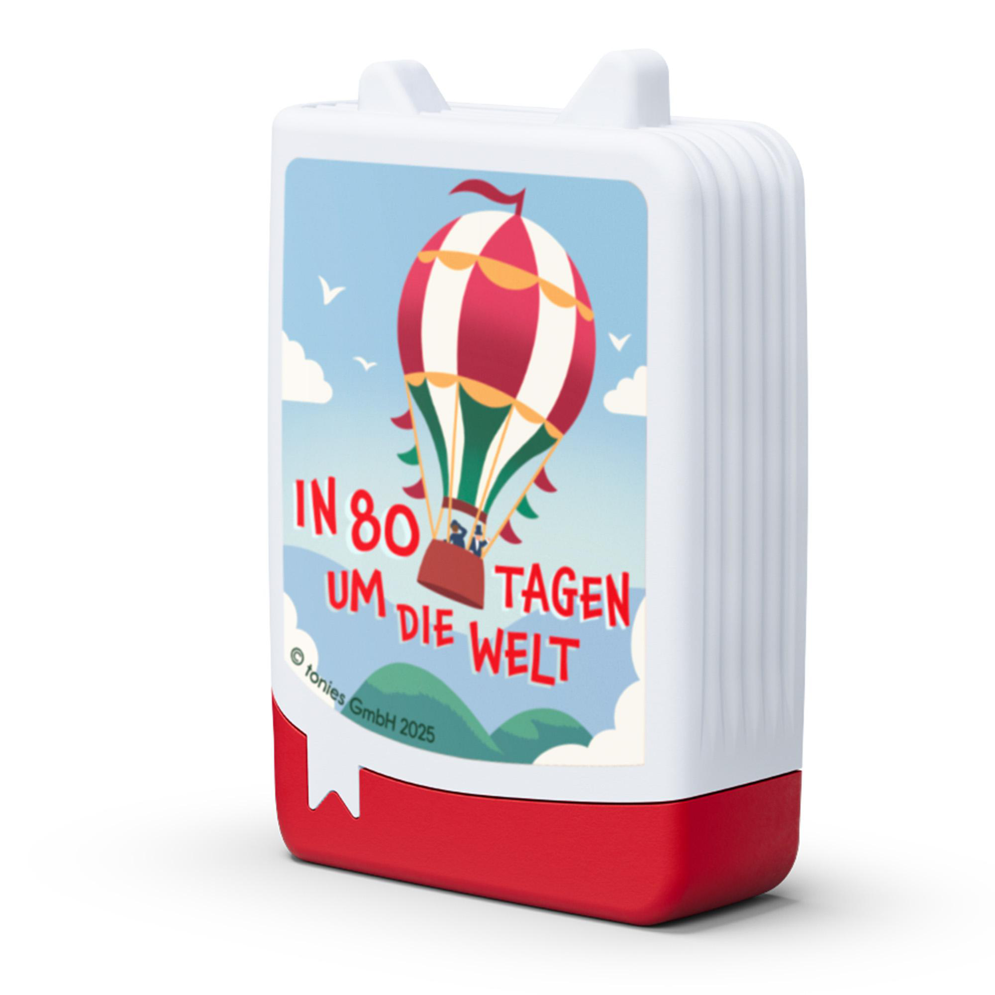 Eine weiß-rote Box mit einer Heißluftballon-Illustration und Text.