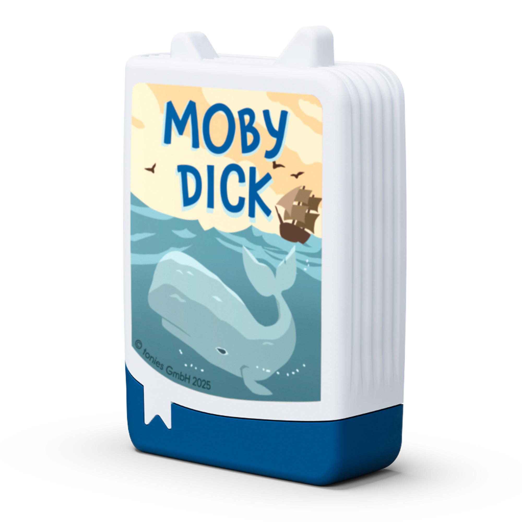 Ein weiß-blaues, buchförmiges Objekt mit einem Walbild, beschriftet mit 'MOBY DICK'.