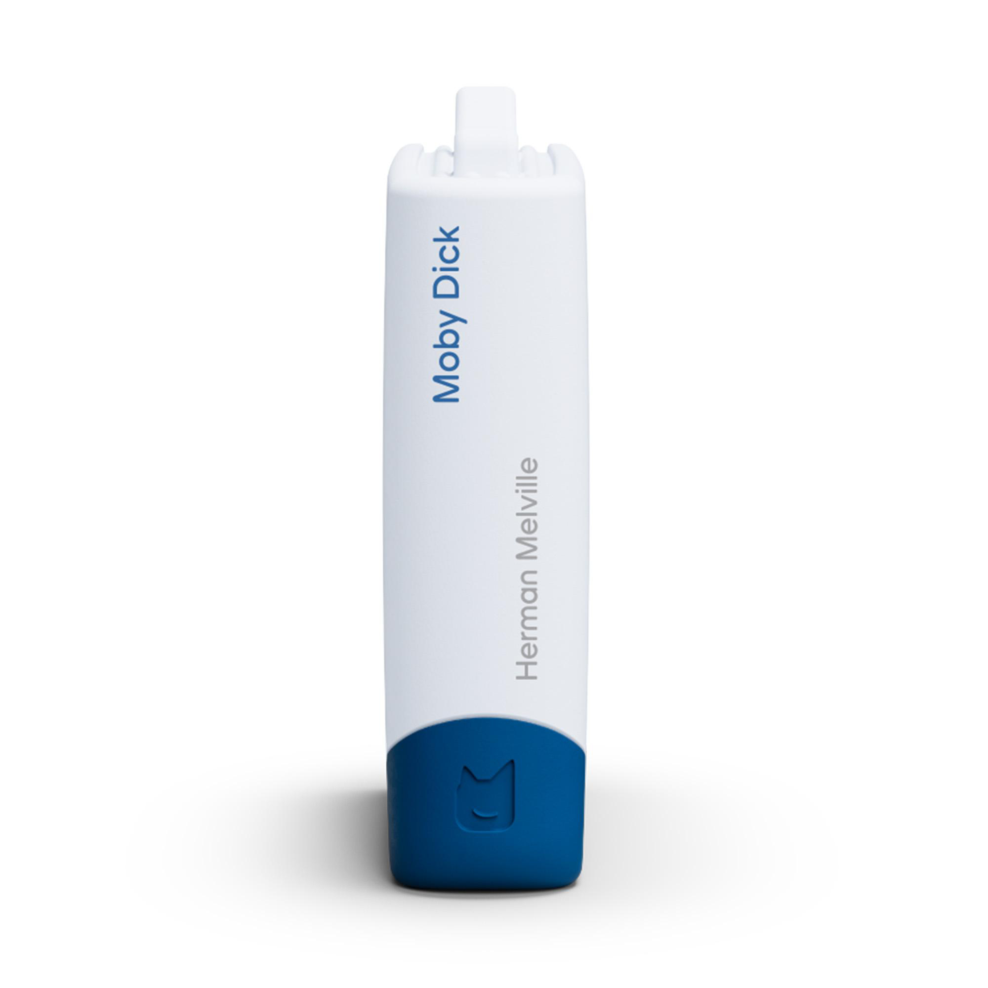 Ein weißer und blauer USB-Stick in Form eines Moby Dick-Buches, mit Titel und Autor.