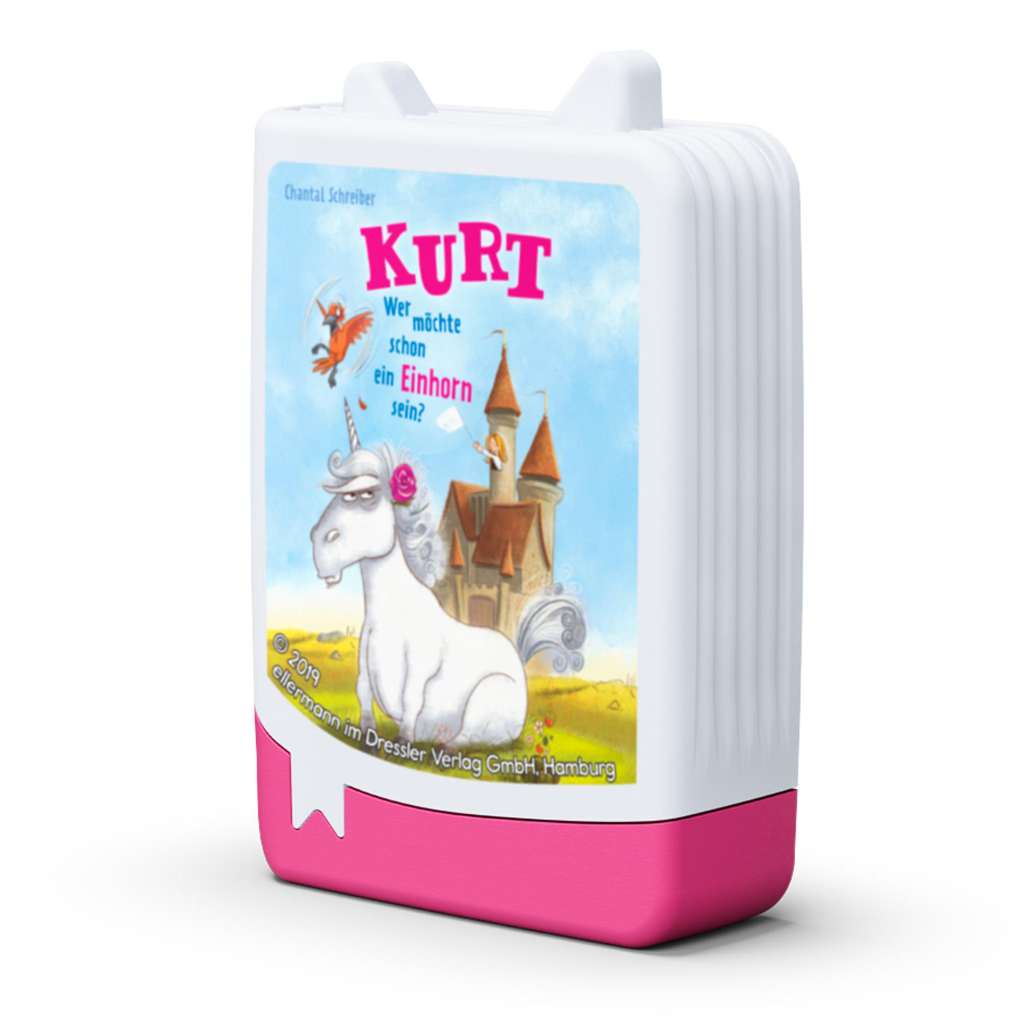 Ein Kinderbuchcover mit einem Einhorn und einem Schloss. Das Buch ist weiß und rosa.