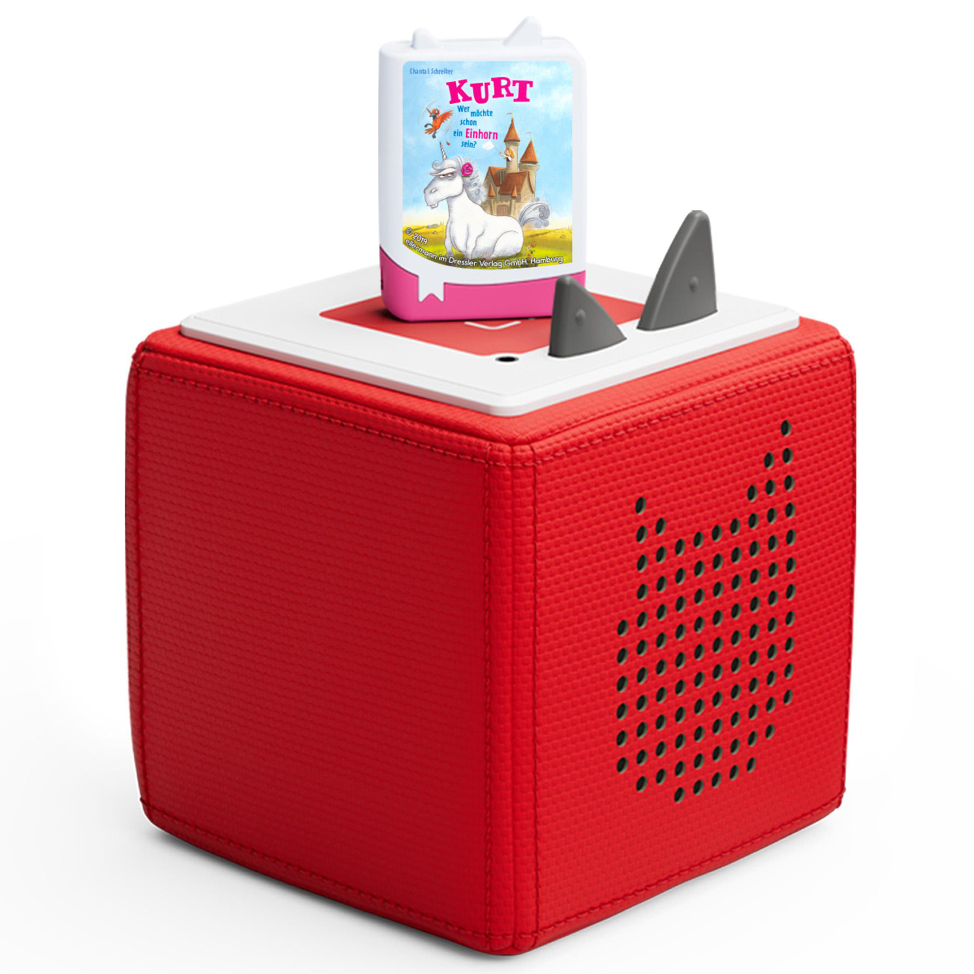 Roter Würfel mit weißer Oberseite, hält Buchcover mit Einhorn und Kurt, sowie Logo.