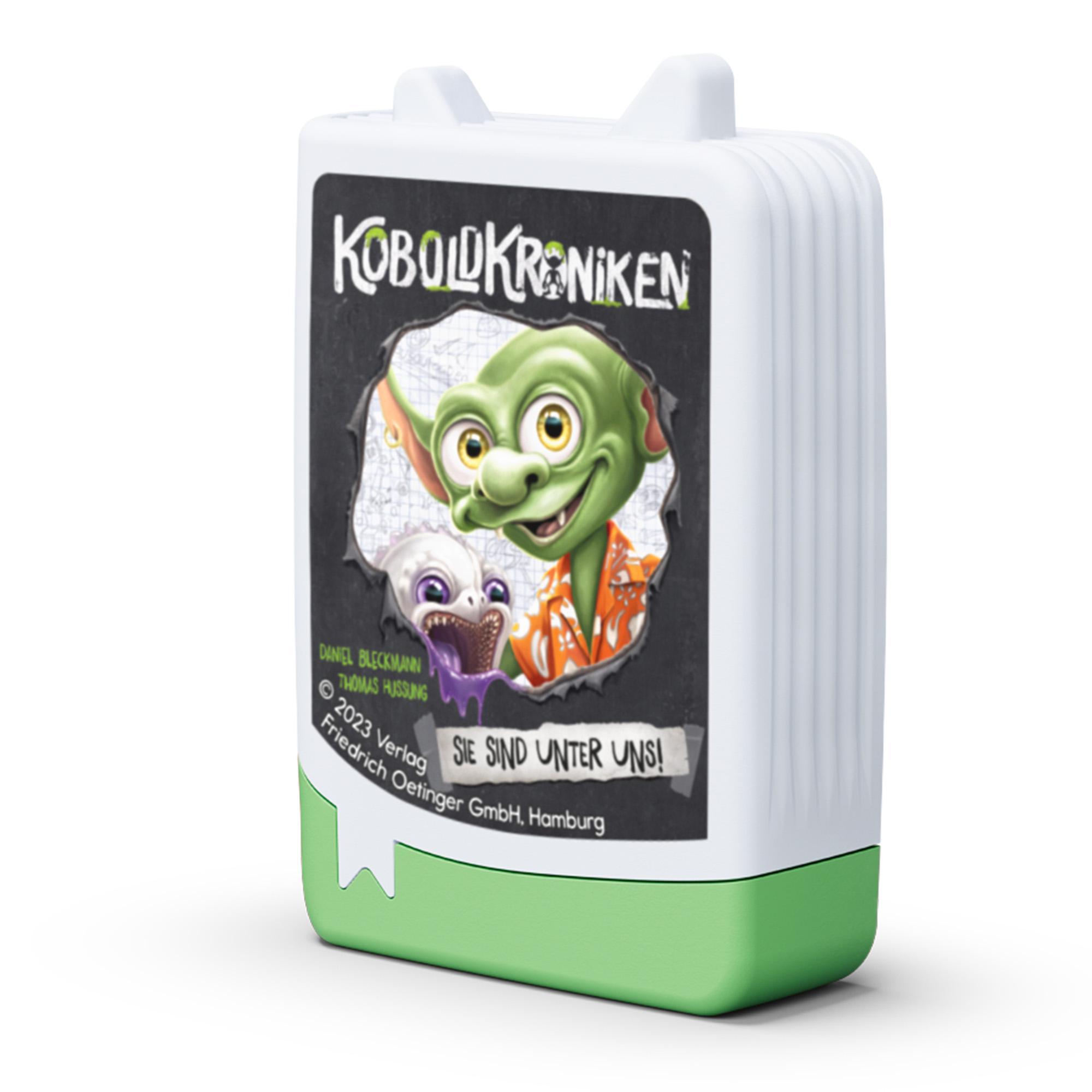Buchförmiger Behälter mit einer Goblin-Illustration. Der Text lautet "Koboldkroiniken".