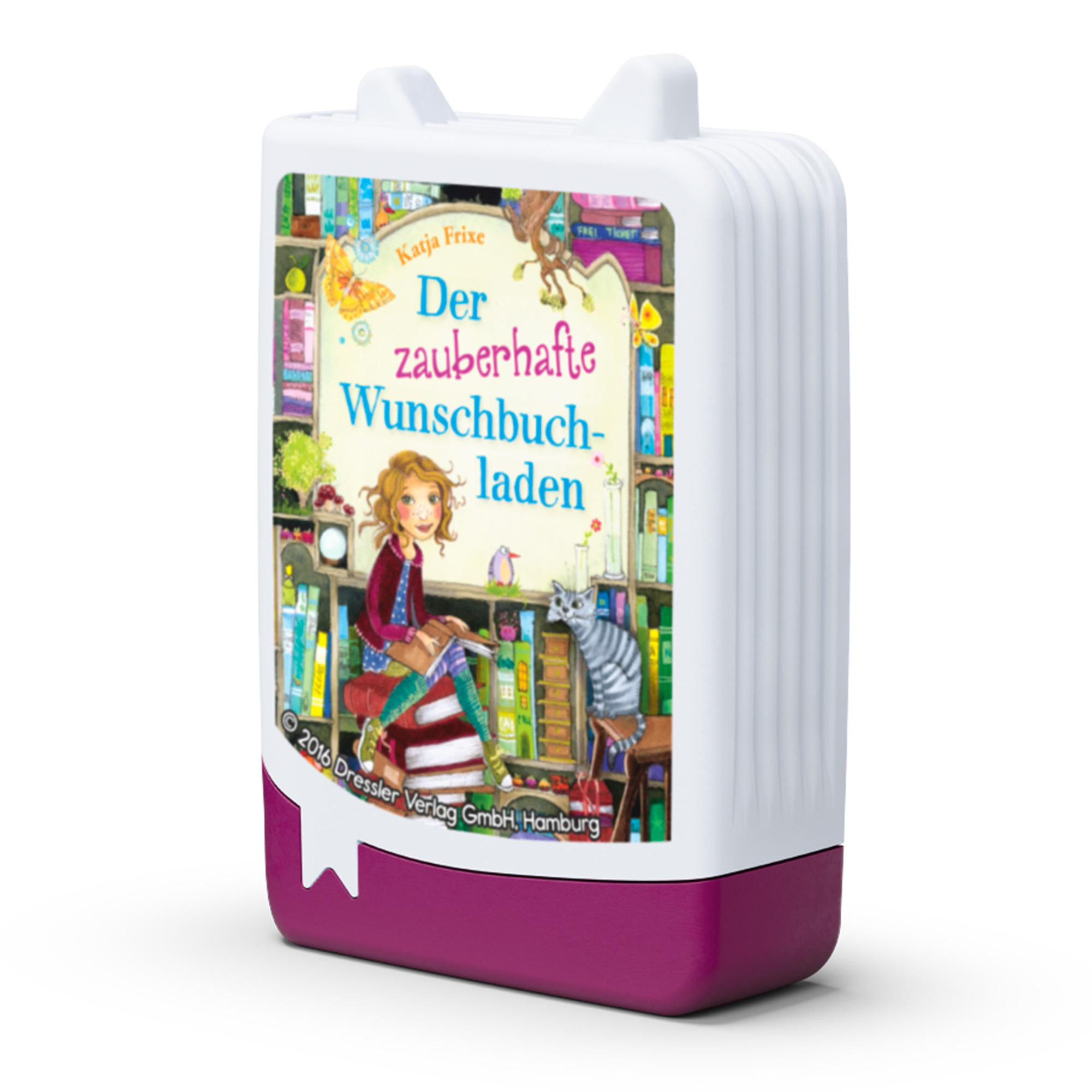Weißes und lila buchförmiges Spielzeug mit bunter Illustration.