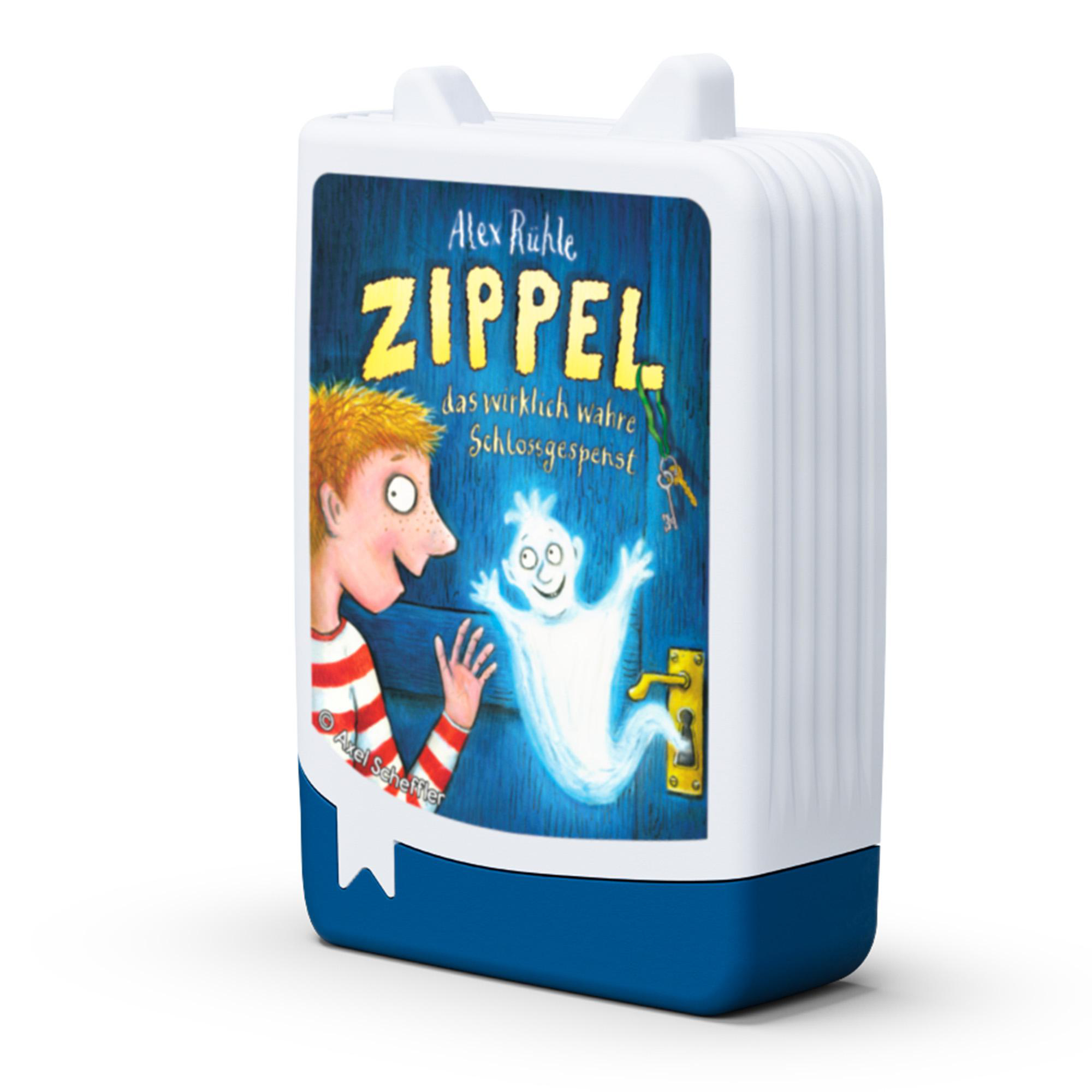 Ein Kinderbuchcover mit einem Jungen, einem Geist und einer Tür.