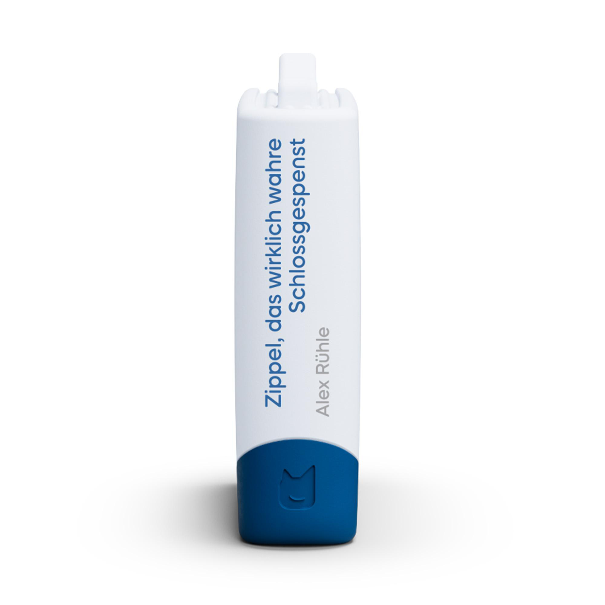 Weiß-blauer stiftartiger Gegenstand mit Text, weißer Hintergrund.