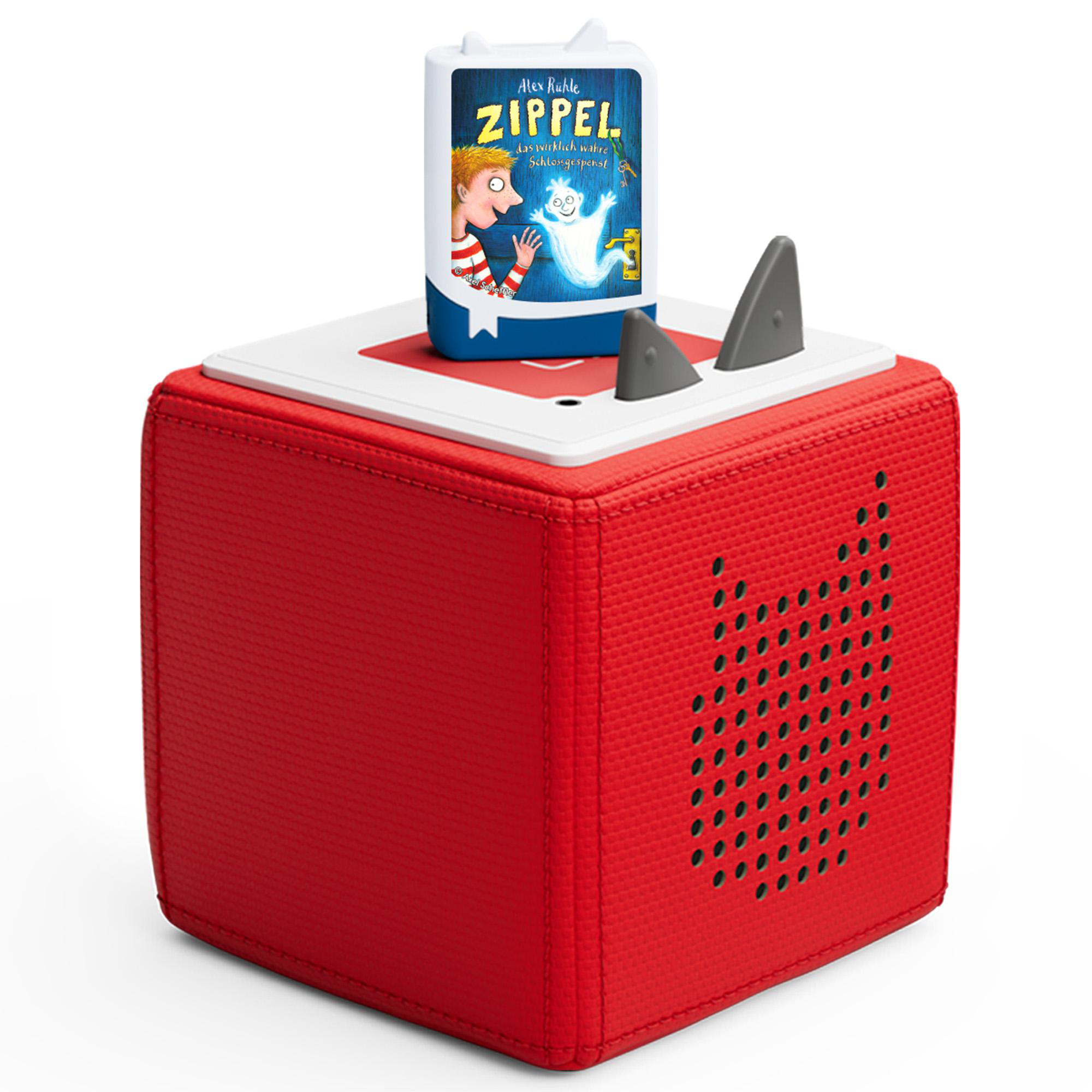 Eine rote Toniebox mit einer Zippel-Figur oben drauf. Die Box ist rot.