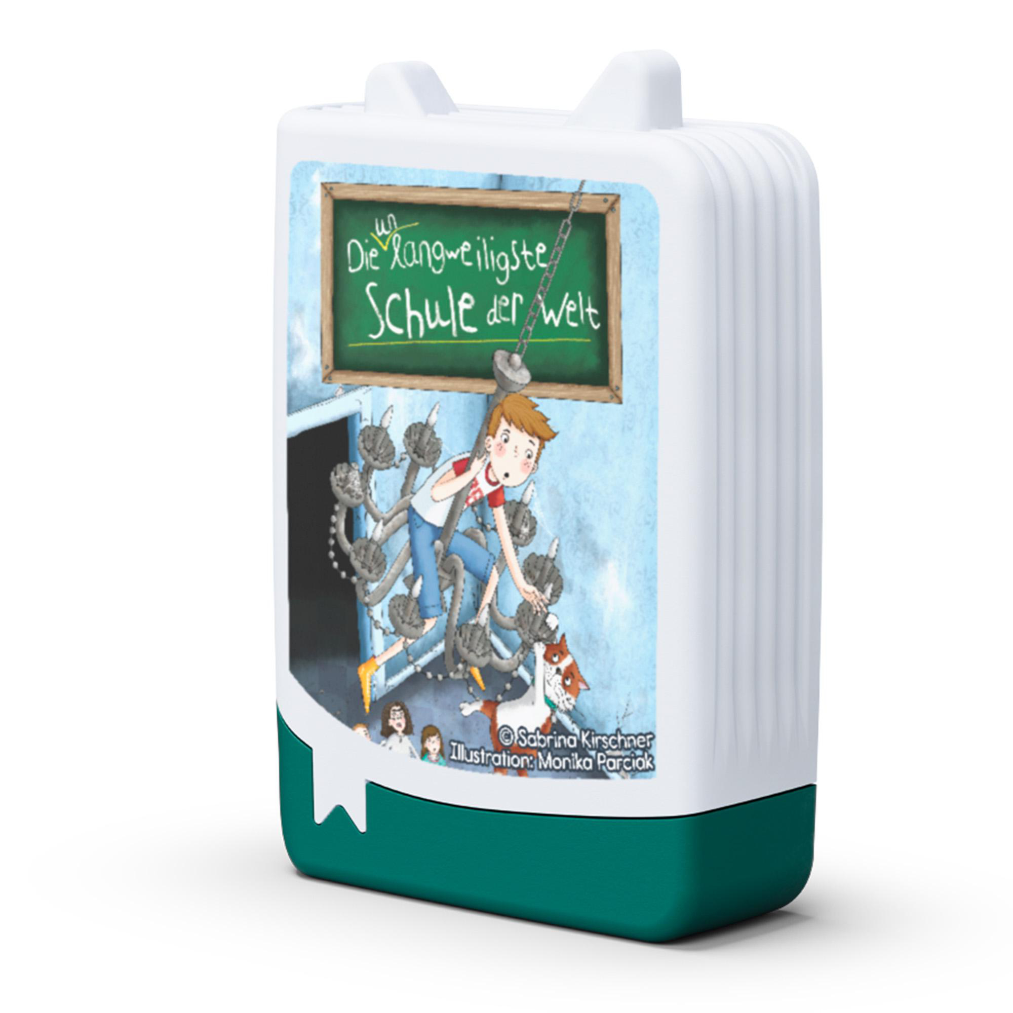 Ein buchförmiger Behälter mit einer Illustration von einem Jungen und einem Hund.