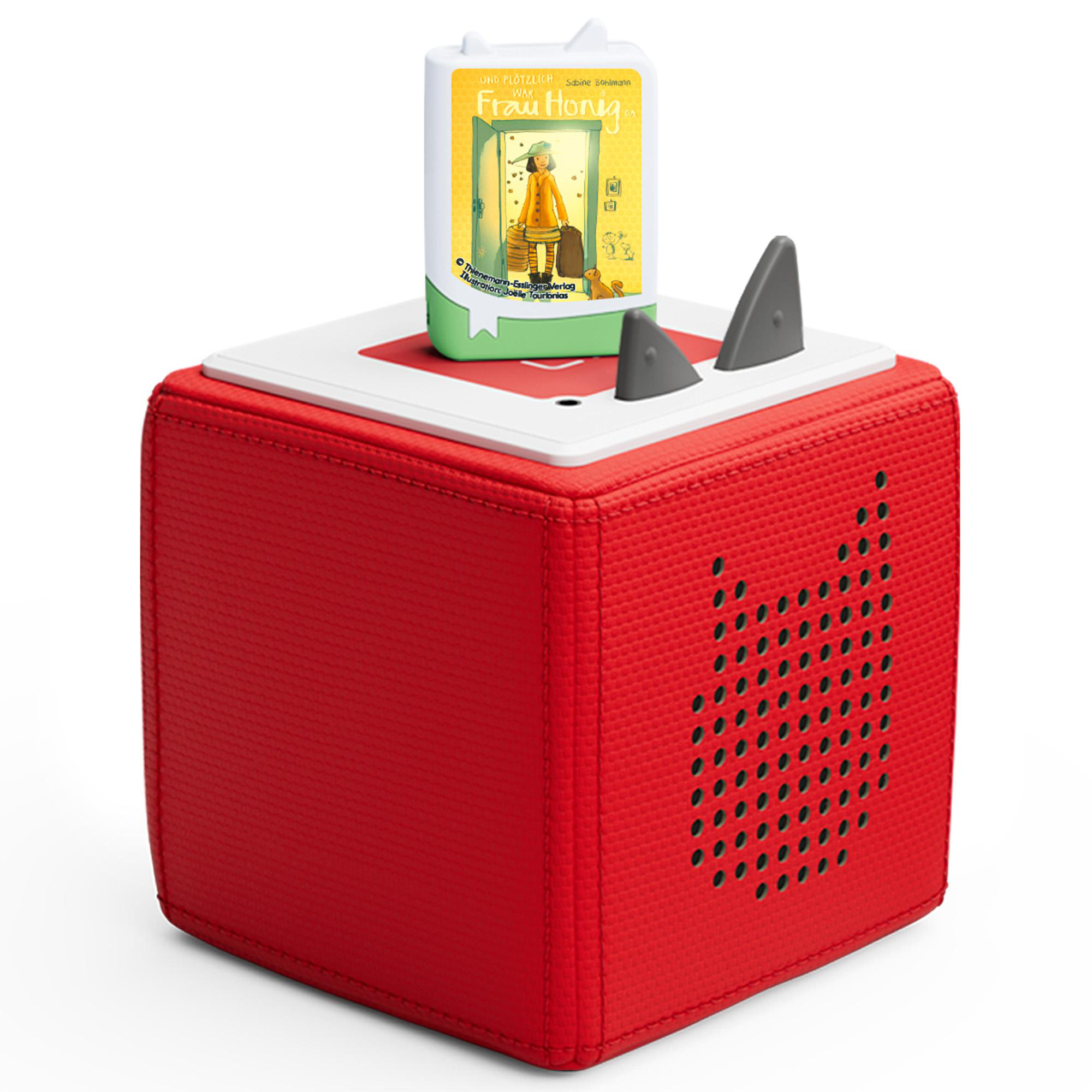 Roter Würfel-Lautsprecher mit einer Cartoon-Karte oben. Der Lautsprecher hat ein schwarzes Lautsprecherloch-Design.