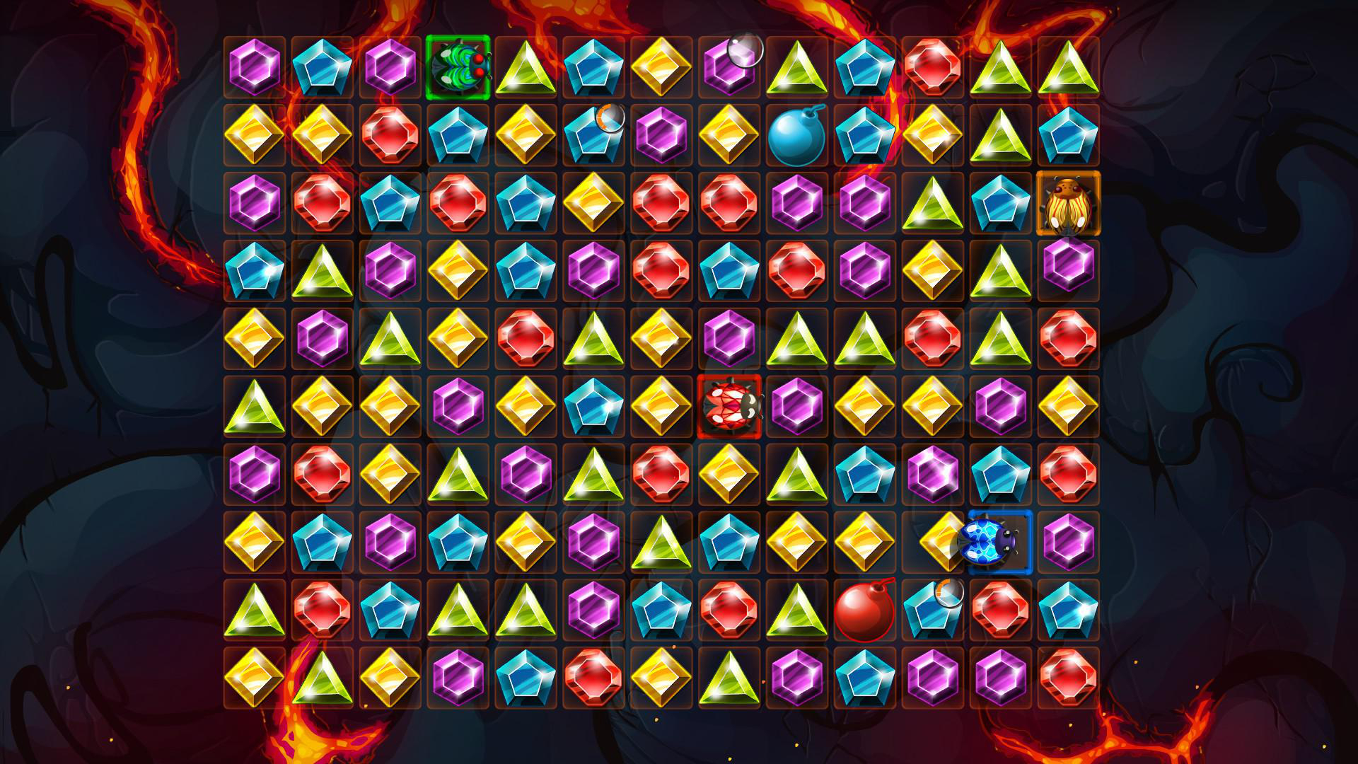 Ein Spielbrett mit bunten Edelsteinen, die in einem Raster angeordnet sind, mit Lava im Hintergrund.