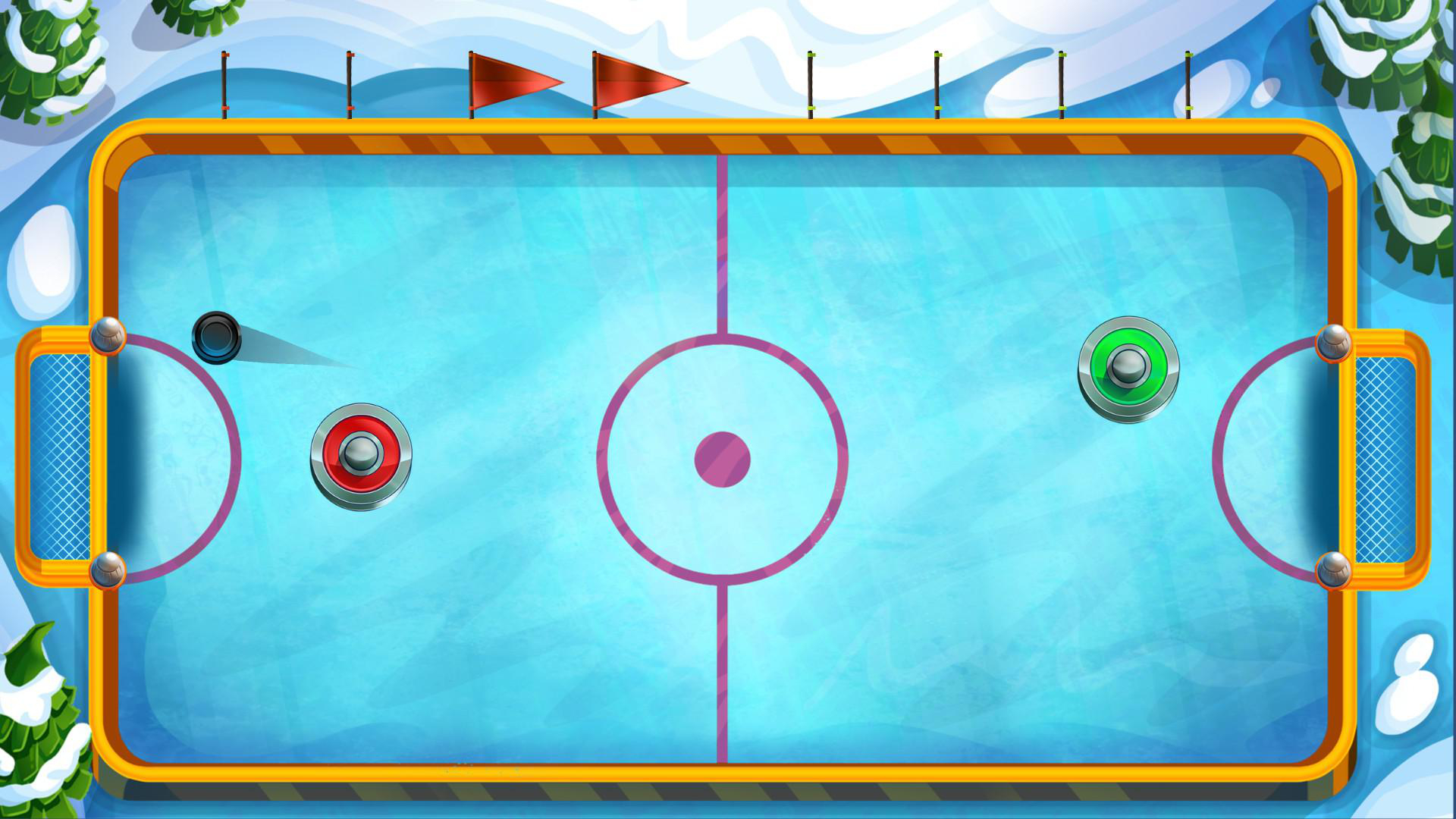 Draufsicht auf Air-Hockey-Tisch. Zwei Spieler-Paddles und Puck. Rot und grün. Gelber Rand. Blaue Oberfläche. Flaggen.