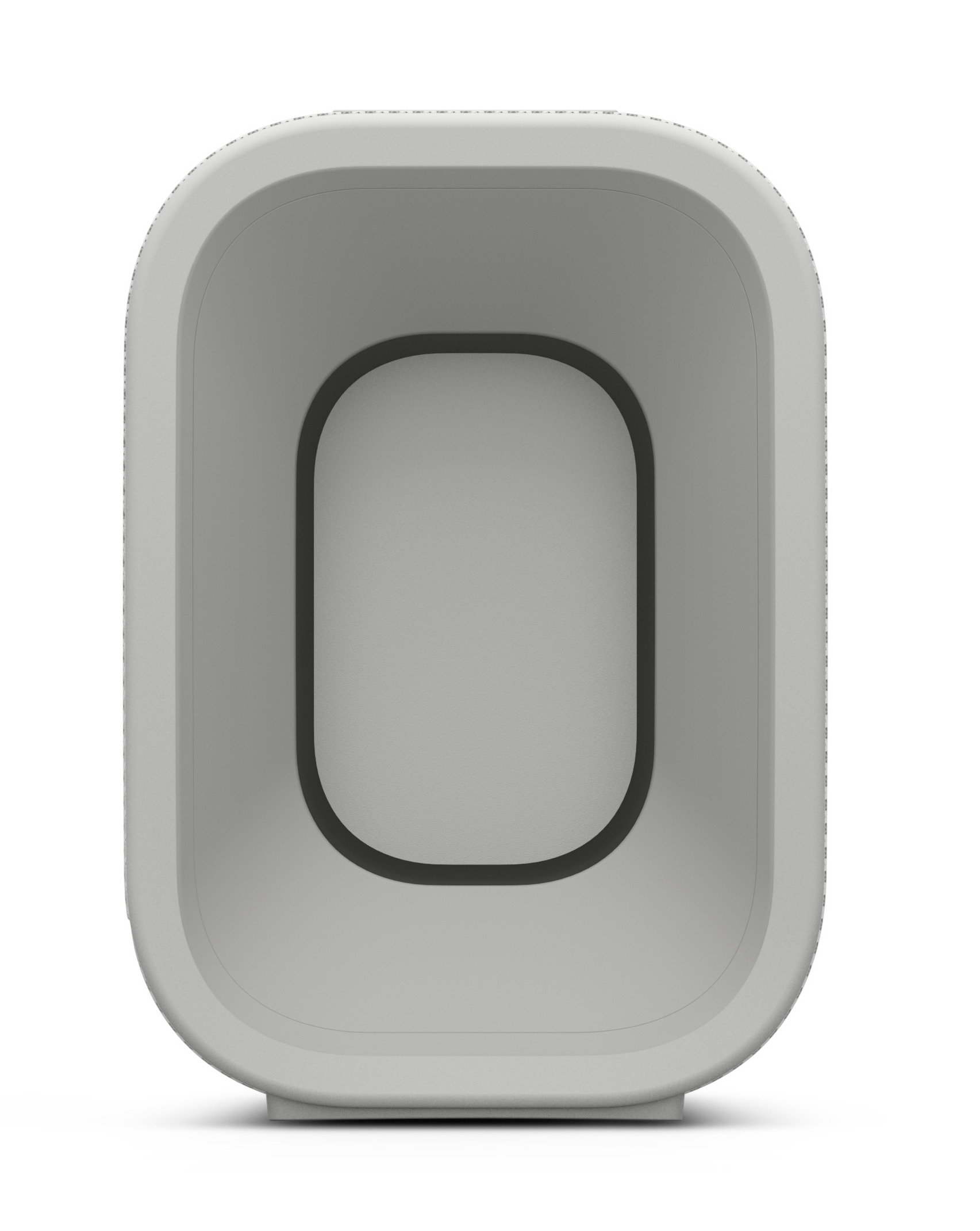 Jasnoszary, owalny głośnik. Czarne owal w środku głośnika. Białe tło.