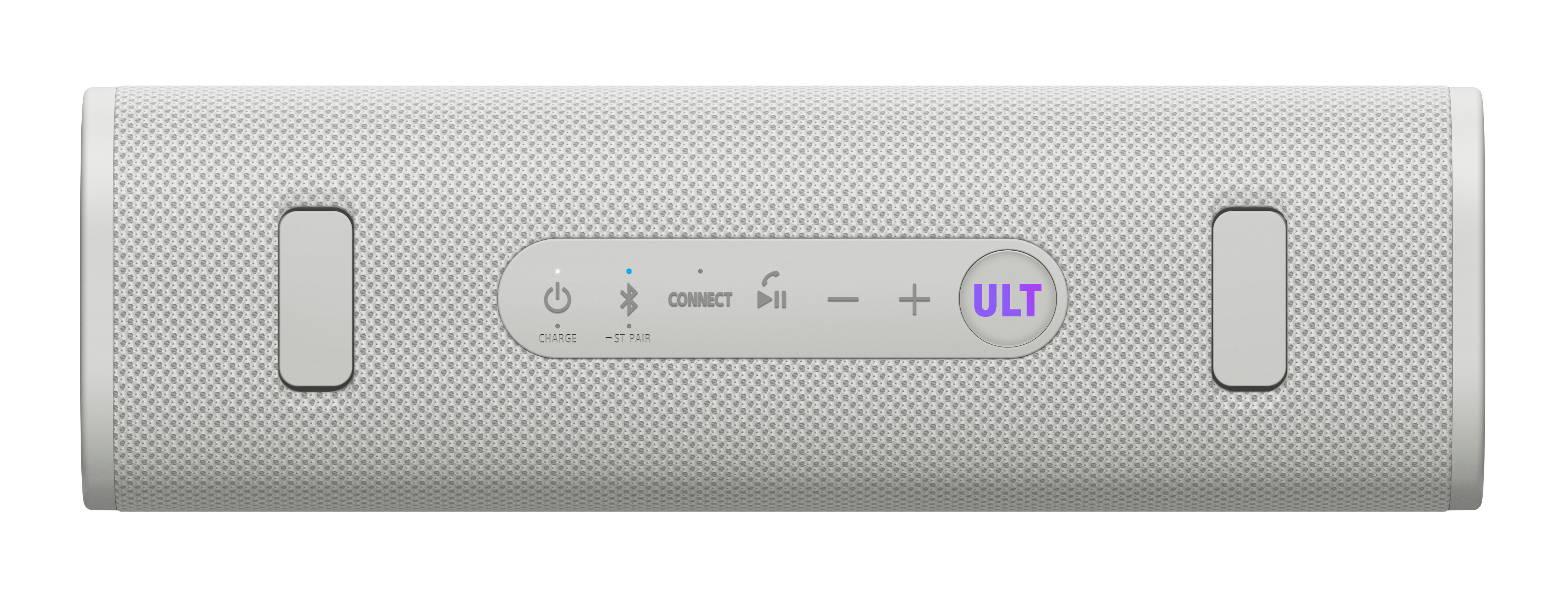 Biały głośnik z przyciskami zasilania, połączenia i głośności.
