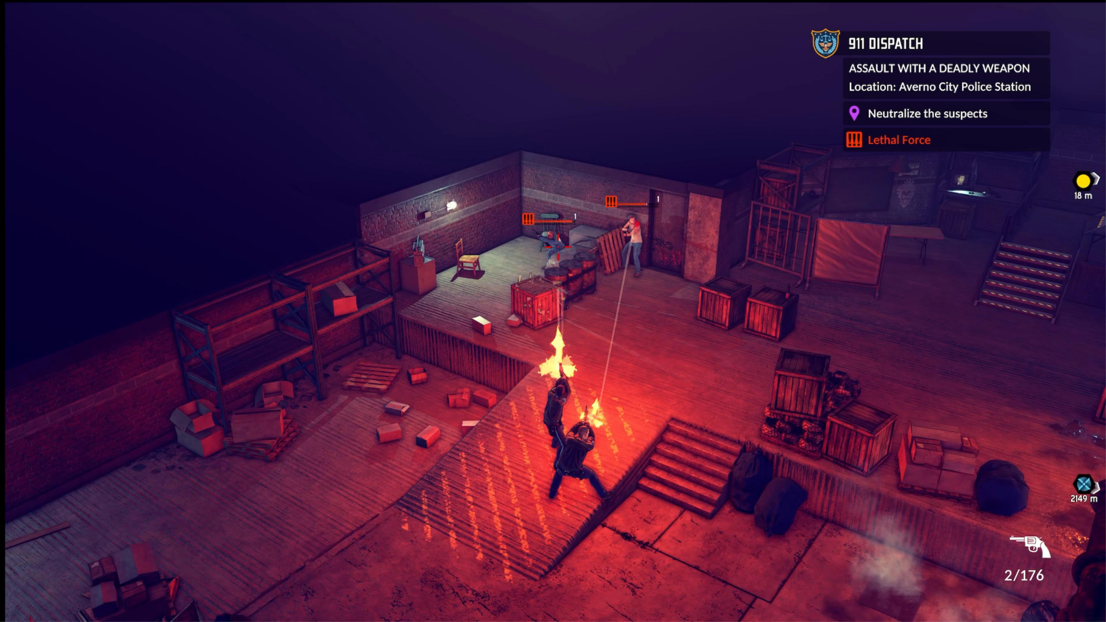 Draufsicht auf eine Spielszene mit einer Person, die einen Flammenwerfer hält.