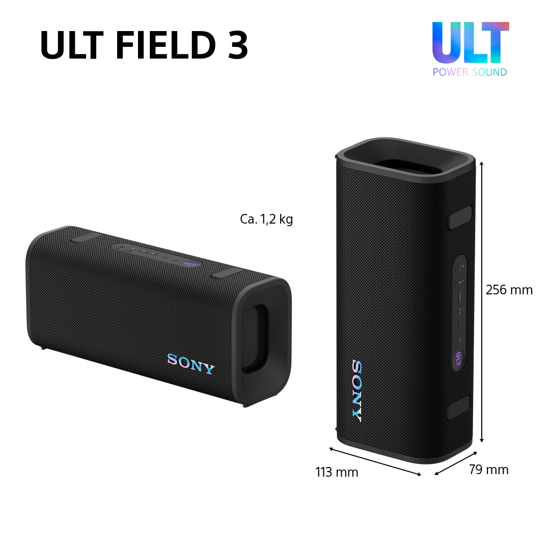 Zwei schwarze Sony ULT FIELD 3 Lautsprecher. Einer horizontal, der andere vertikal, mit Abmessungen.