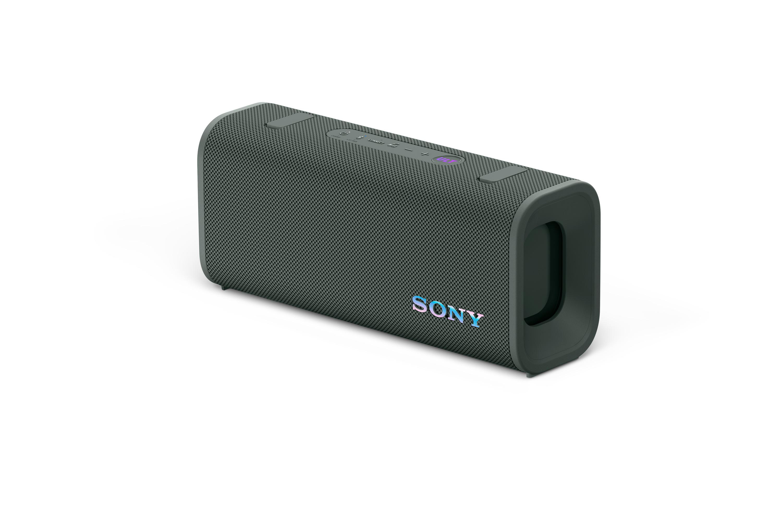 Ein grauer SONY-Lautsprecher auf weißem Hintergrund.