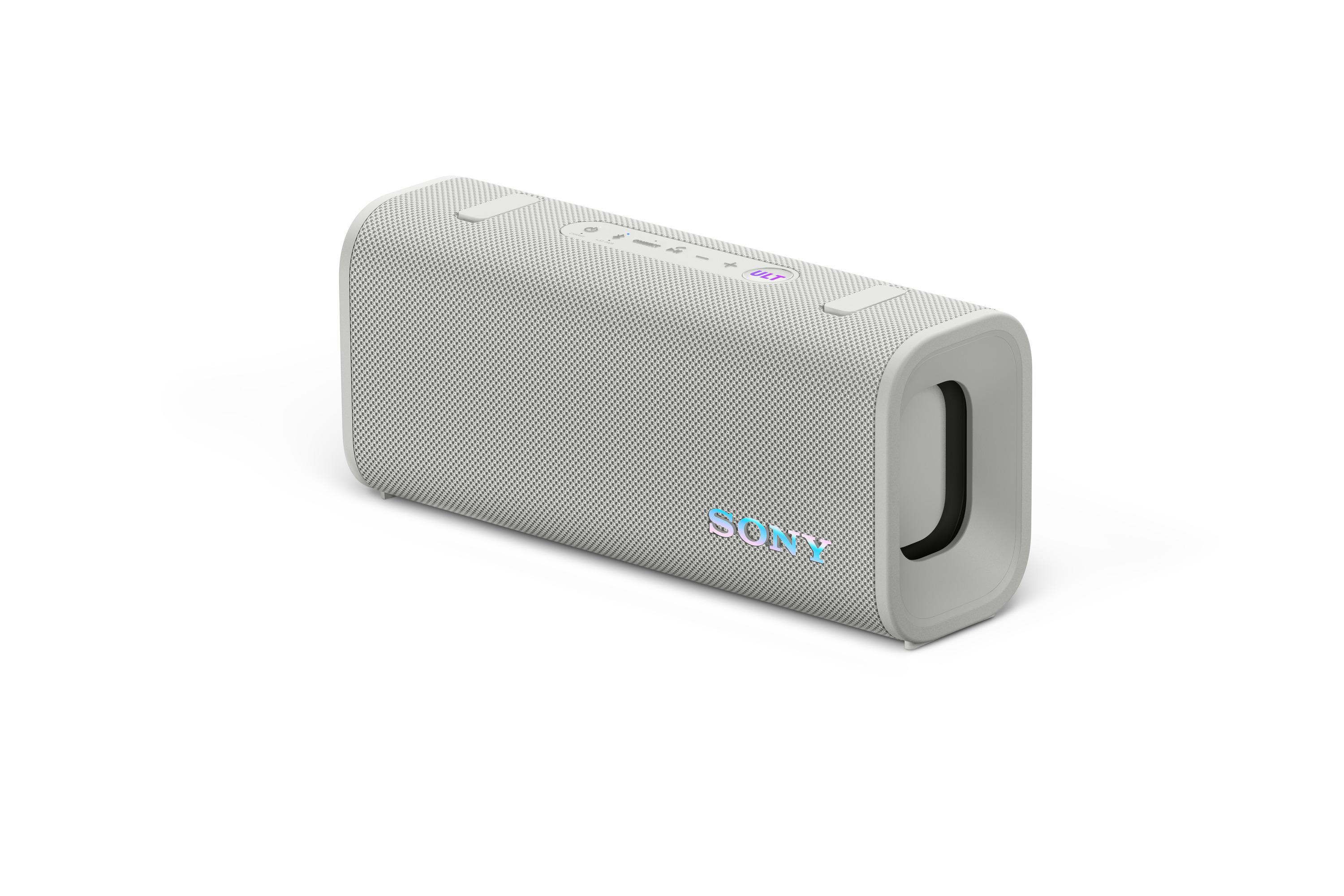 Grauer Sony-Lautsprecher auf weißer Oberfläche. Das Sony-Logo ist sichtbar.
