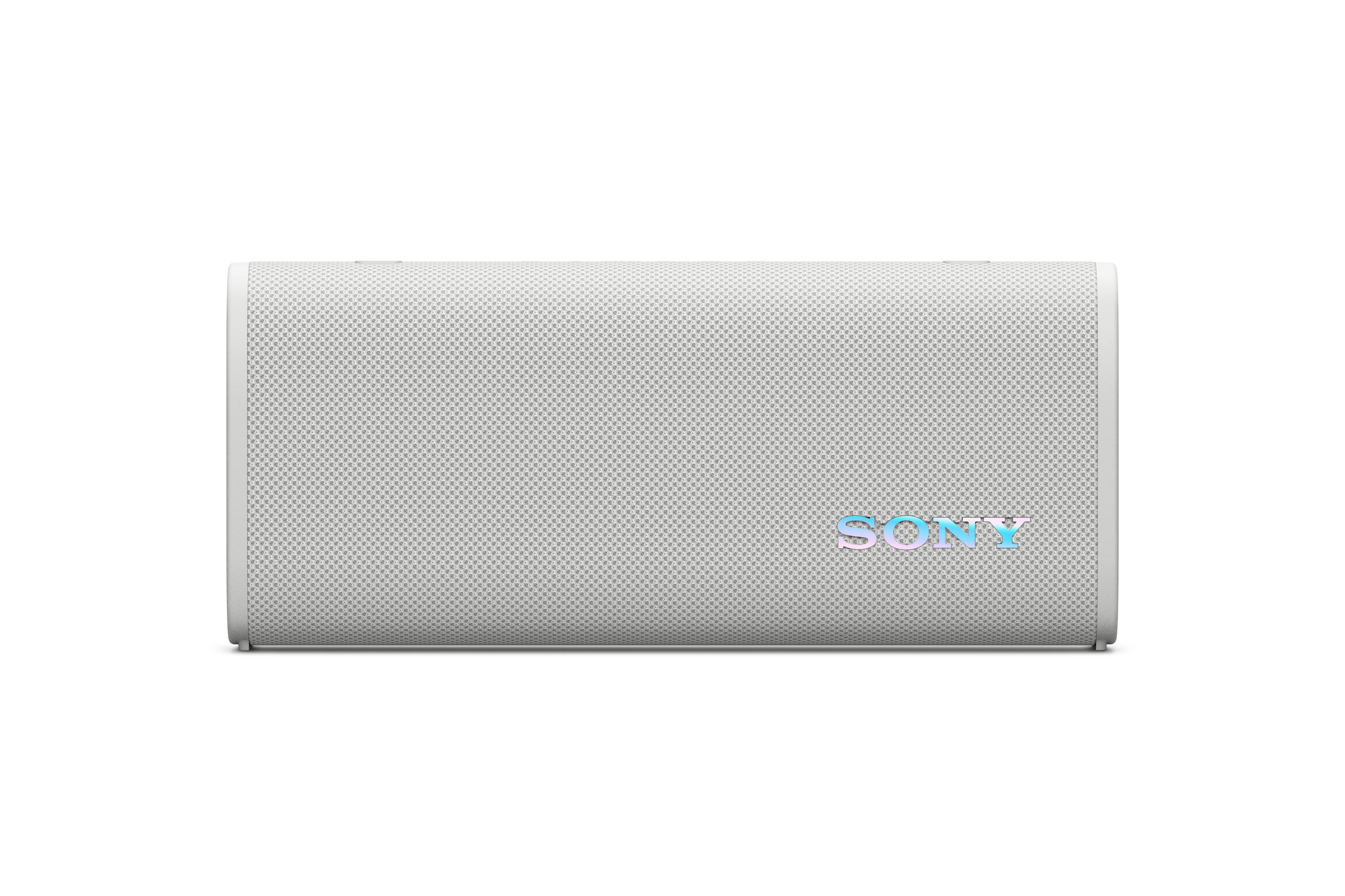 Weißer rechteckiger Lautsprecher mit Sony-Logo auf weißem Hintergrund.
