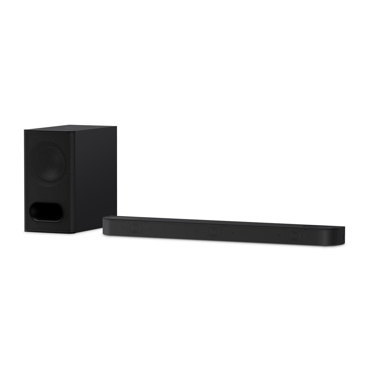Een zwarte soundbar en subwoofer set, geplaatst tegen een witte achtergrond.