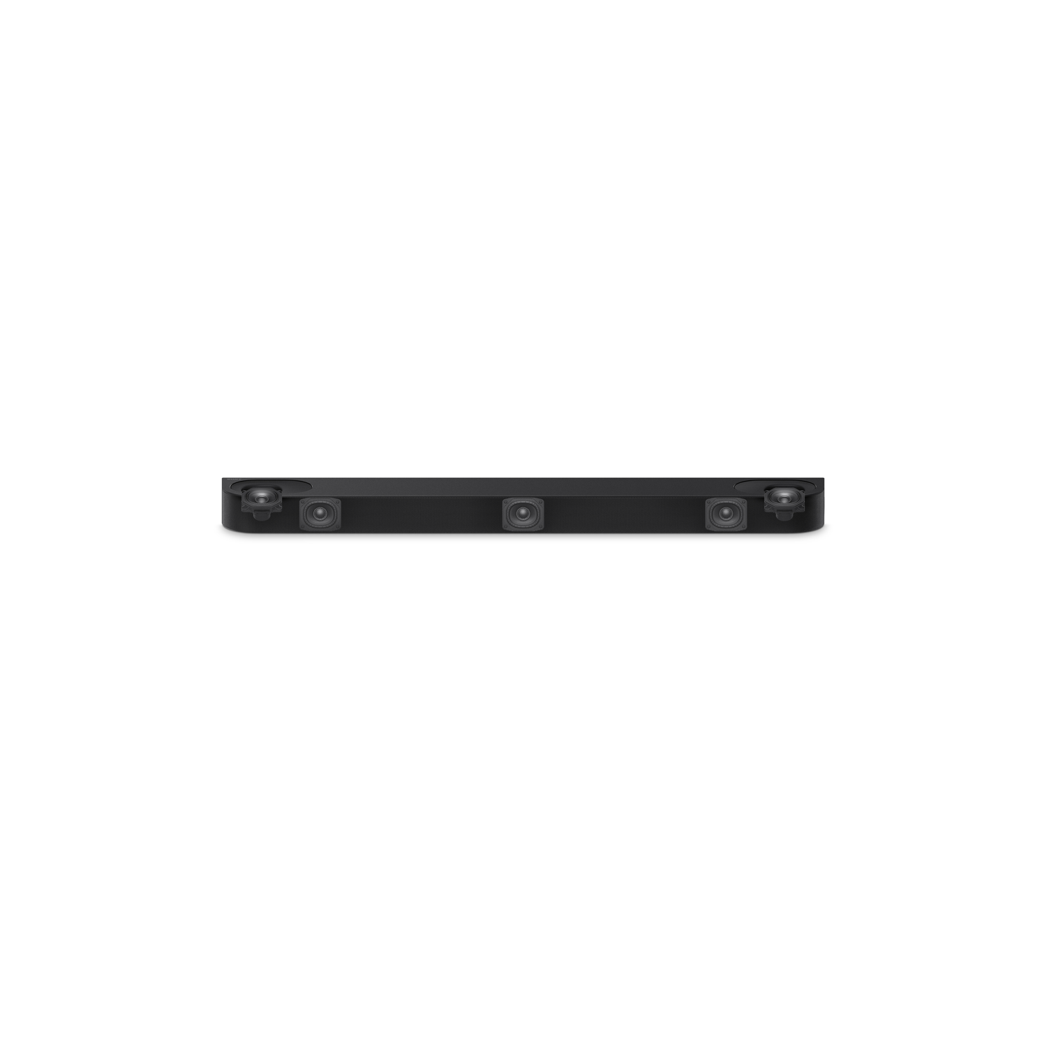 Zwarte soundbar met drie luidsprekers op witte achtergrond.