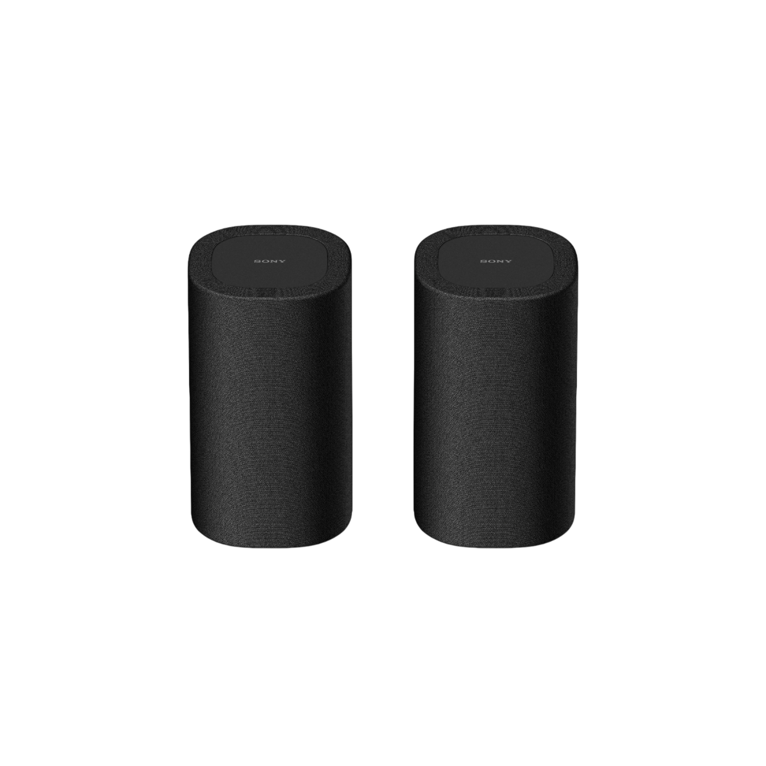 Two black cylindrical speakers, black background.