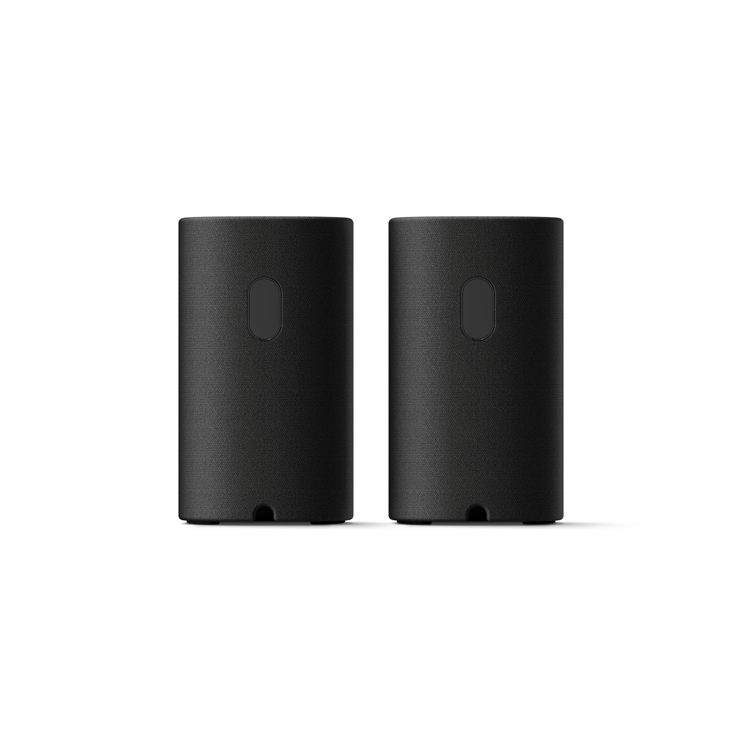 Two black cylindrical speakers with a smooth, rounded design are isolated on a white background.