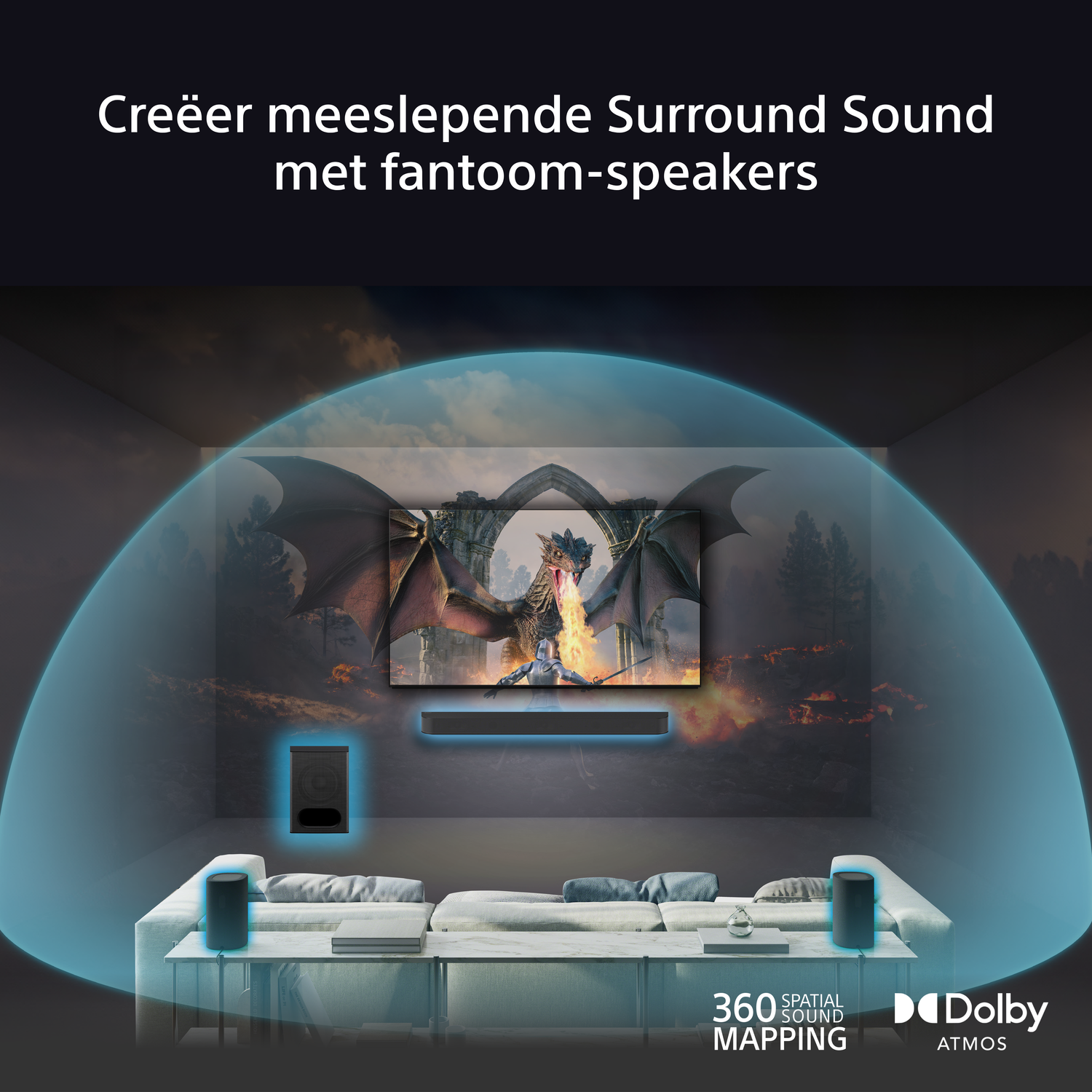 Living room scene with a TV, soundbar, and two speakers, with a blue sound arc.