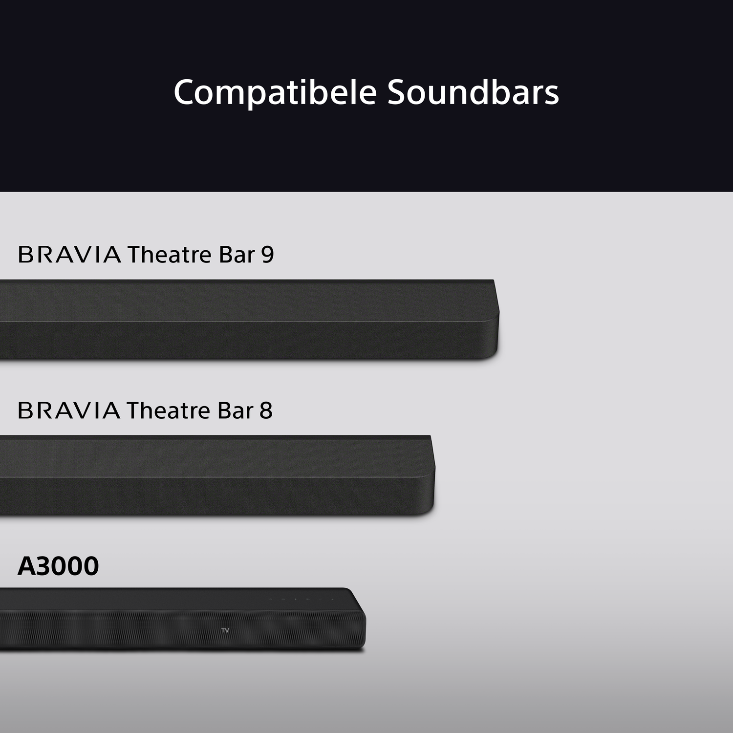 Three black soundbars are displayed with the words BRAVIA Theatre Bar 9, 8, and A3000.