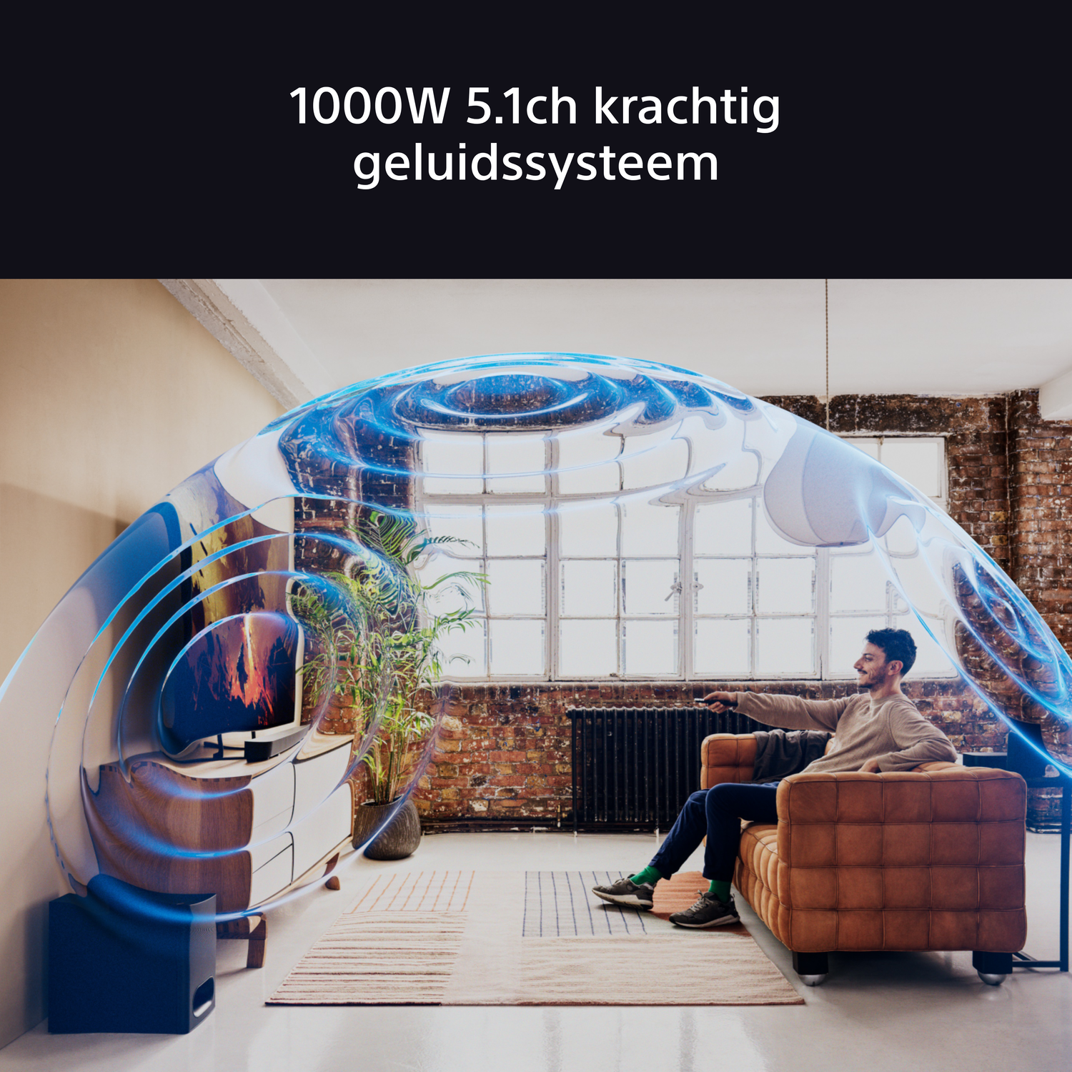 Living room with speaker system. Sound waves are shown with a man sitting on a couch.