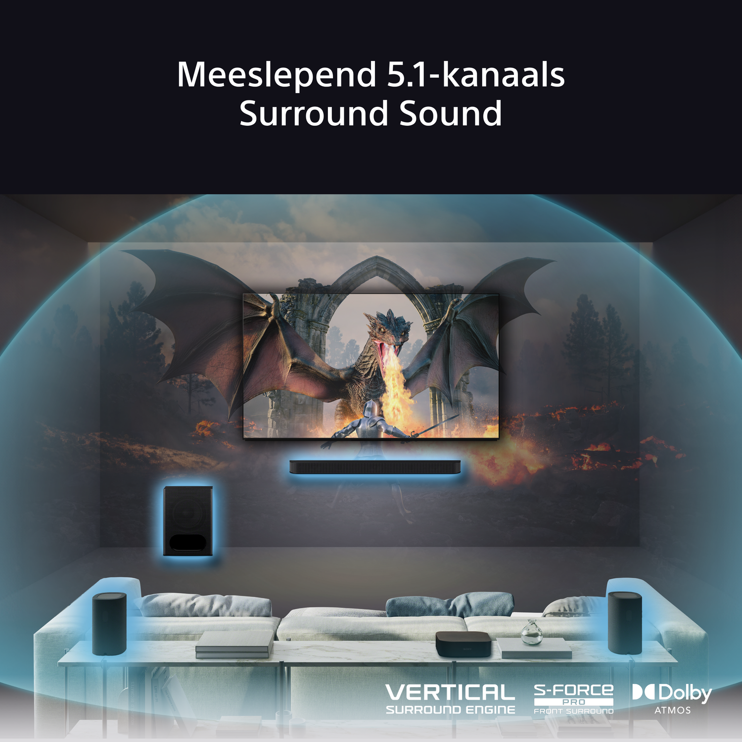 Living room with TV showing a dragon, soundbar, and rear speakers.