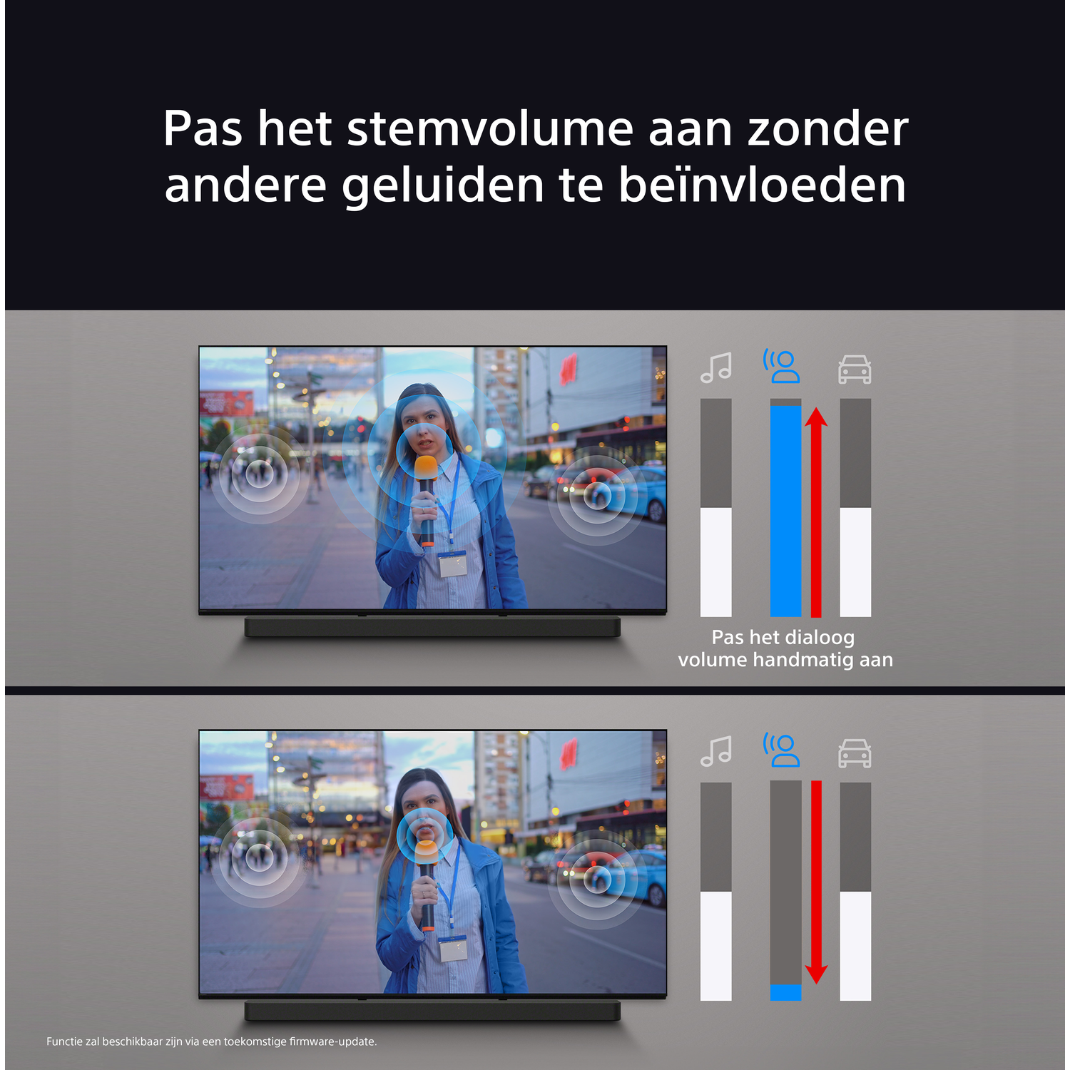 Two screens showing a person speaking and volume controls.
