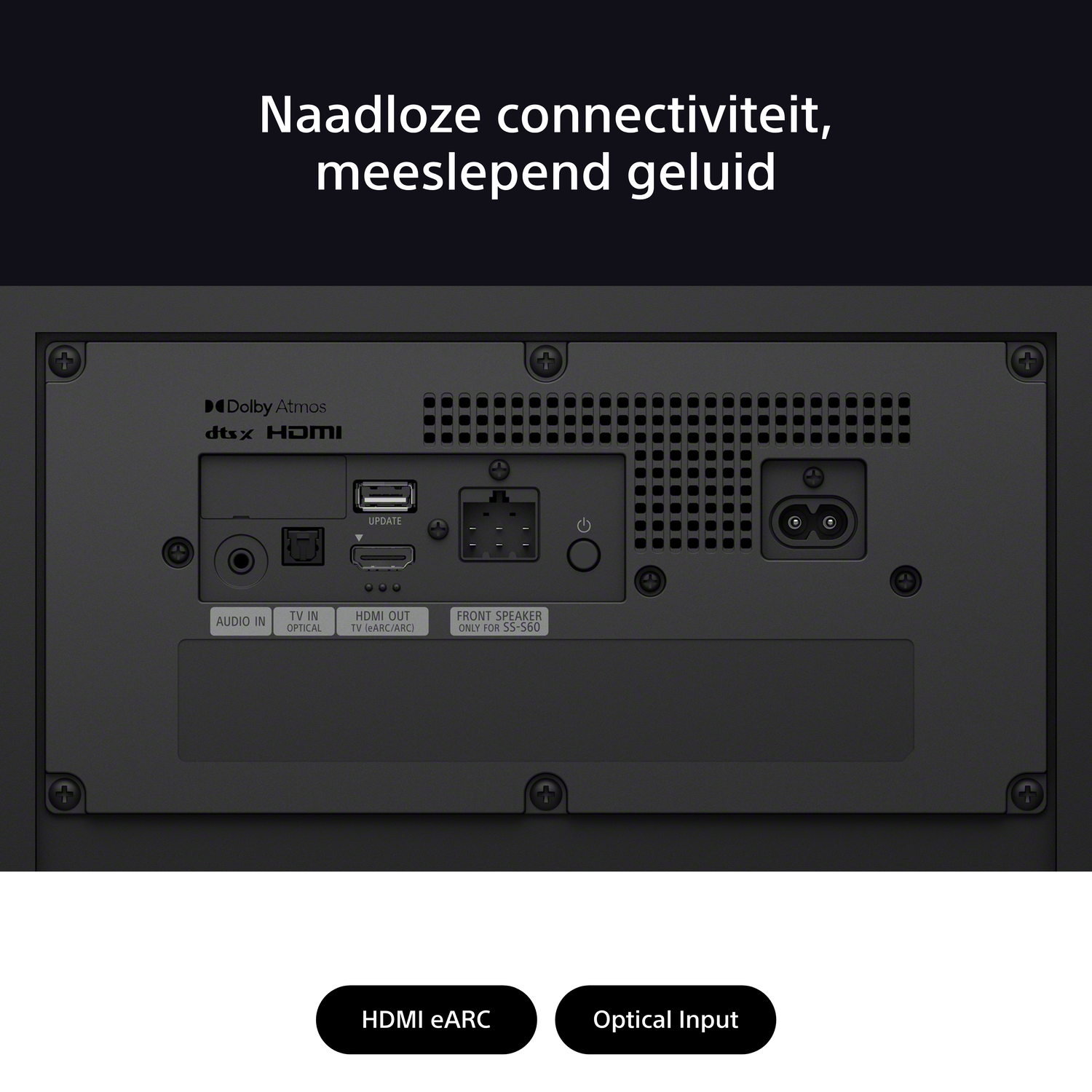 Back panel of a device with ports and labels. Black with text.