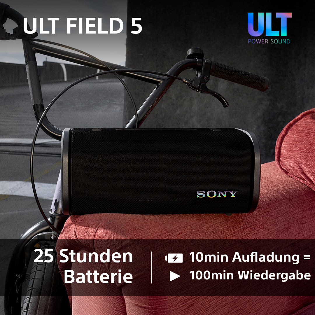 Schwarzer und grauer Lautsprecher auf rotem Kissen mit Fahrrad dahinter, Textüberlagerung.