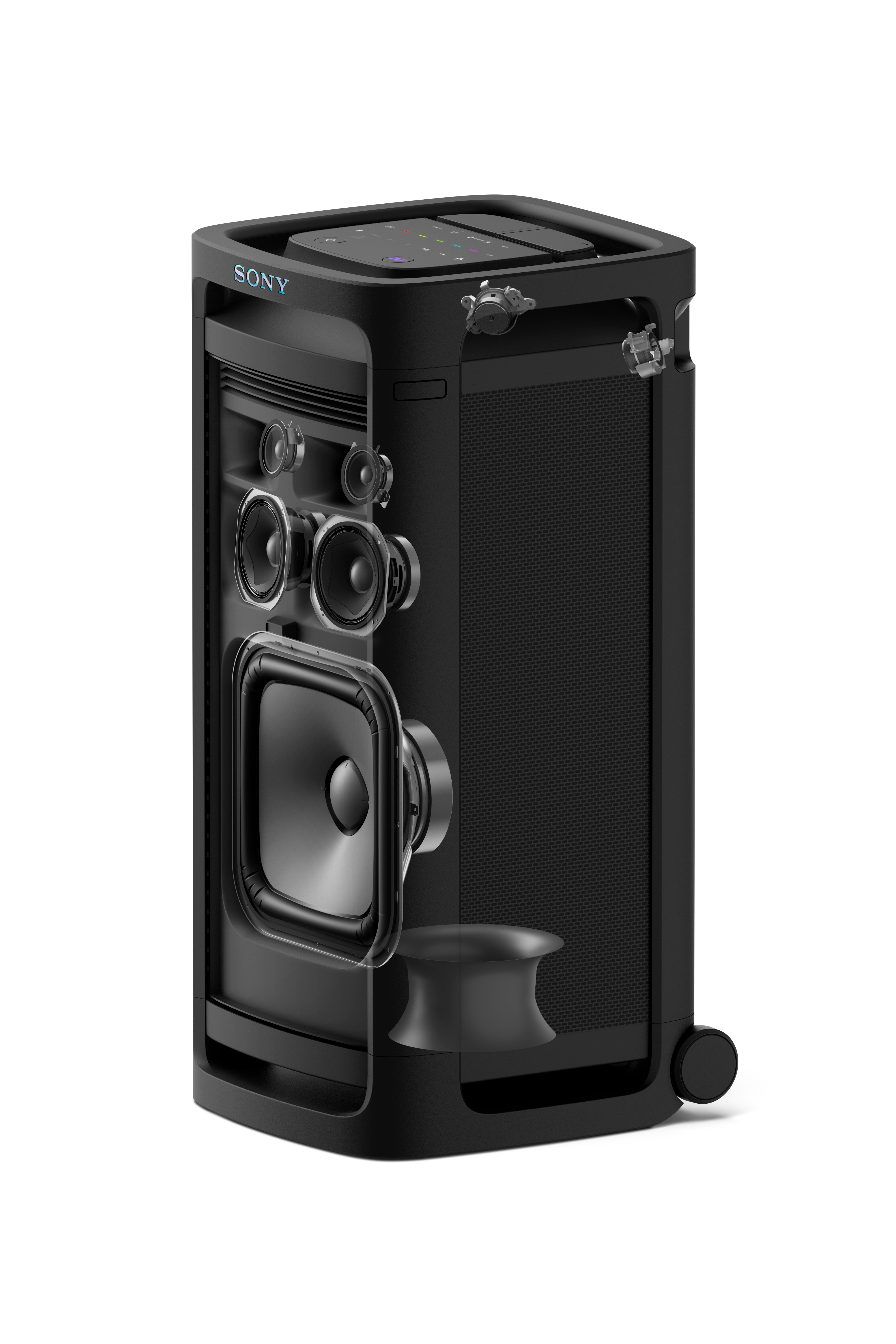 Querschnitt eines schwarzen Lautsprechers mit Innenteilen.