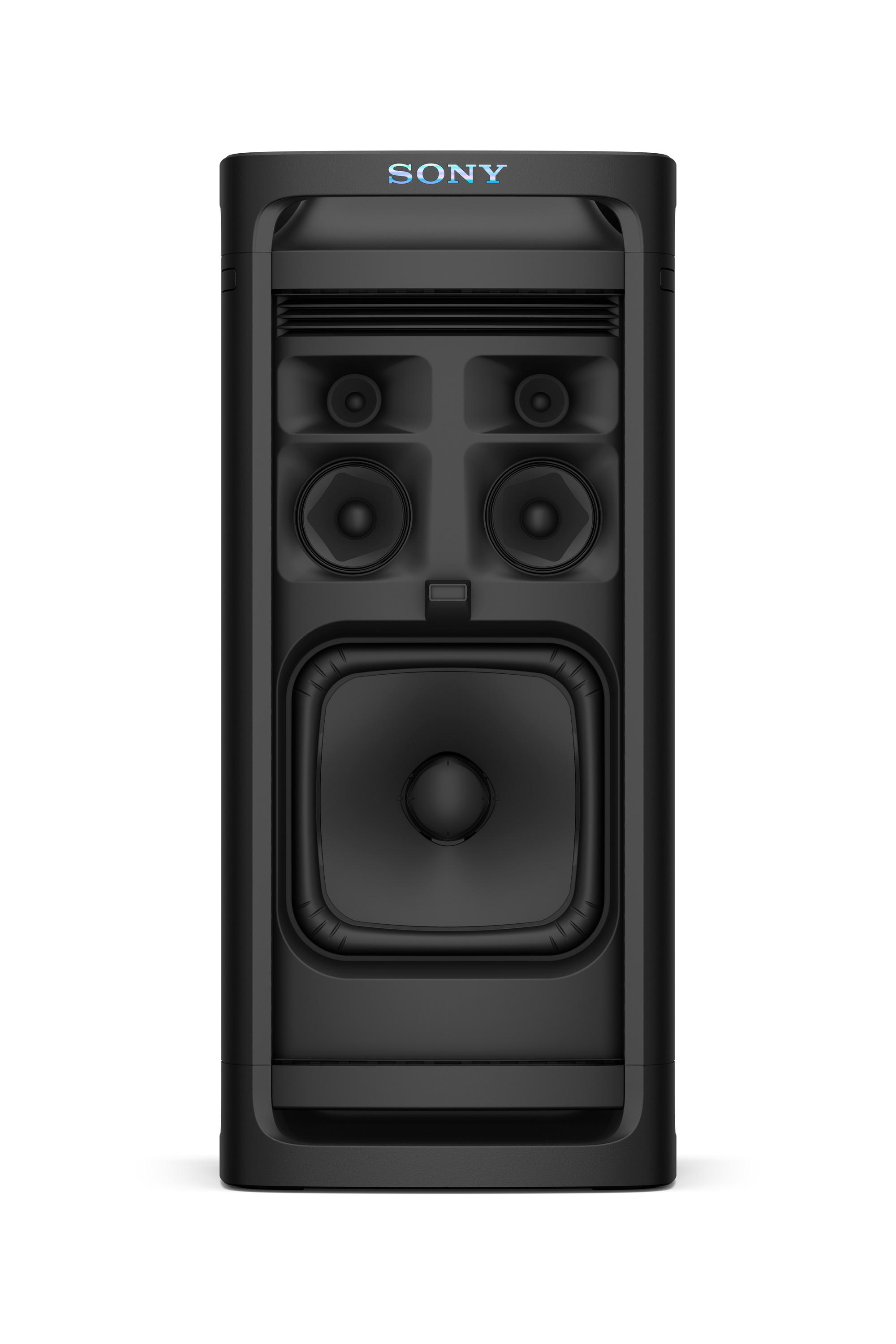 Ein schwarzer Lautsprecher mit mehreren Lautsprechern und einem großen quadratischen Subwoofer. Oben steht 'SONY'.