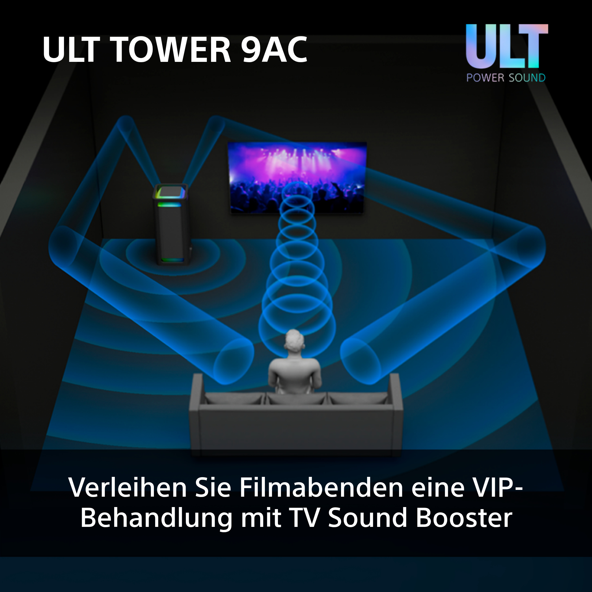 Illustration eines Soundsystems mit TV, Sound Tower und Soundbeams.