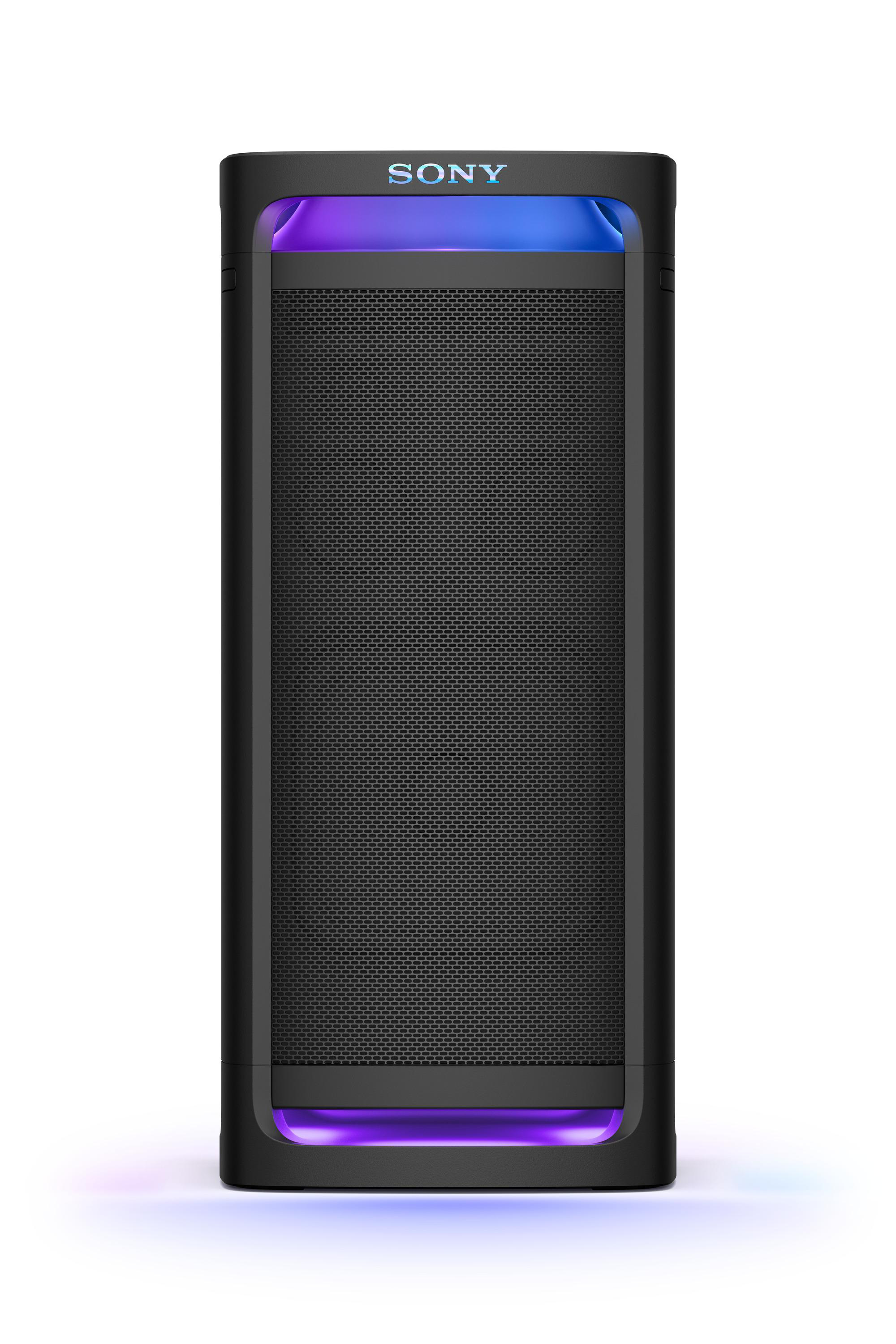 Schwarzer Sony-Lautsprecher mit Mesh-Front und blau-violetten Lichtern. Er steht aufrecht.