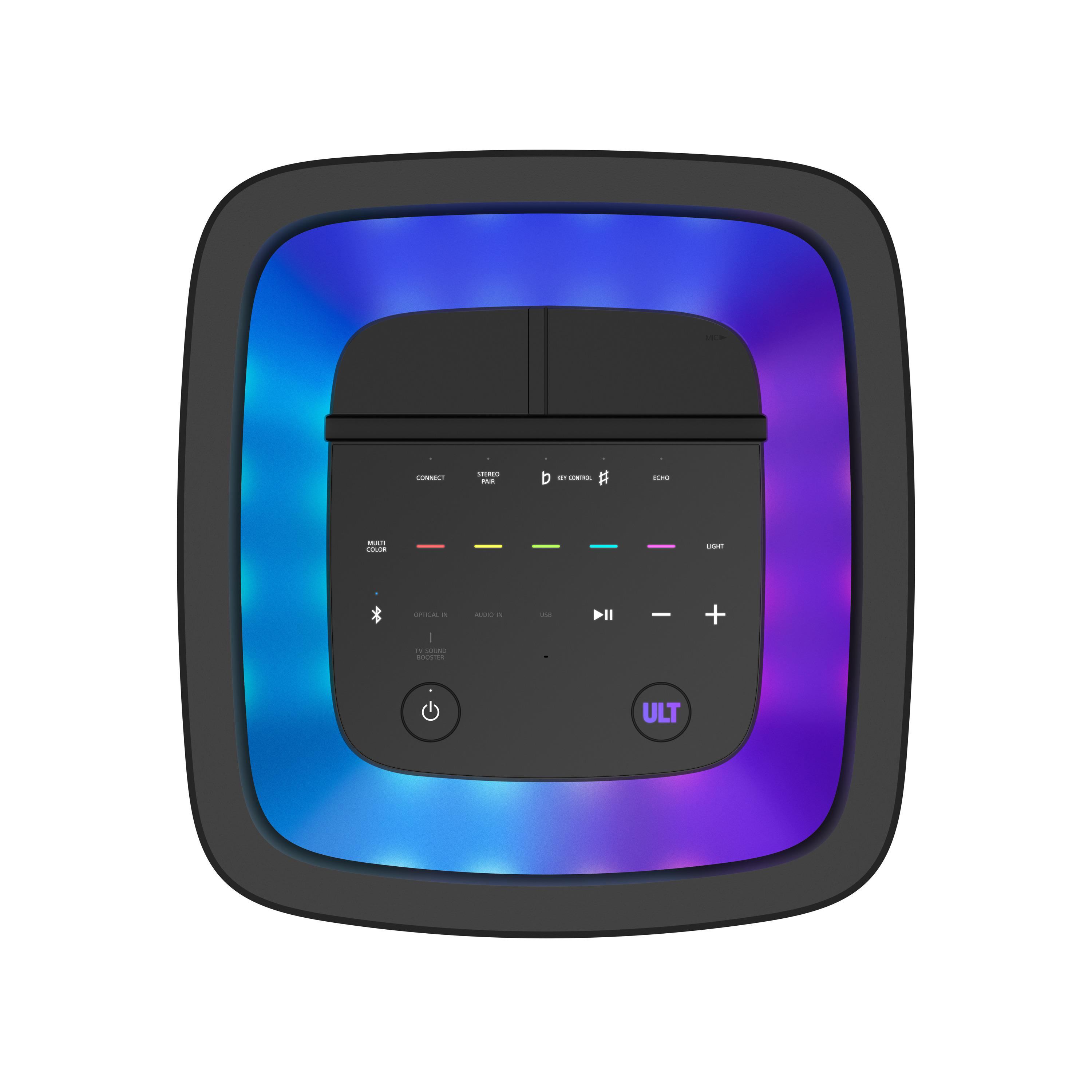 Ein Lautsprecher mit Steuertasten und einem Licht.