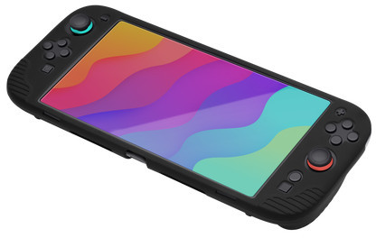 Czarne urządzenie przenośne w czarnym etui z kolorowym ekranem.