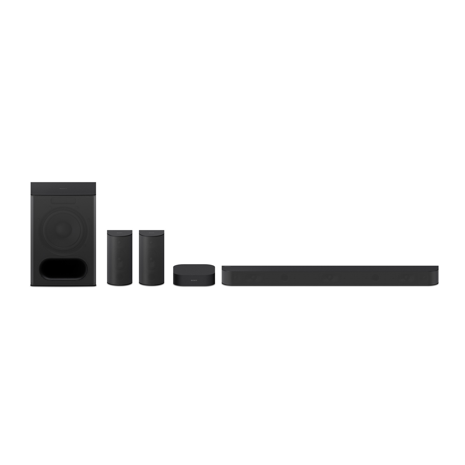 Black sound system consisting of a subwoofer, speakers, and a soundbar.