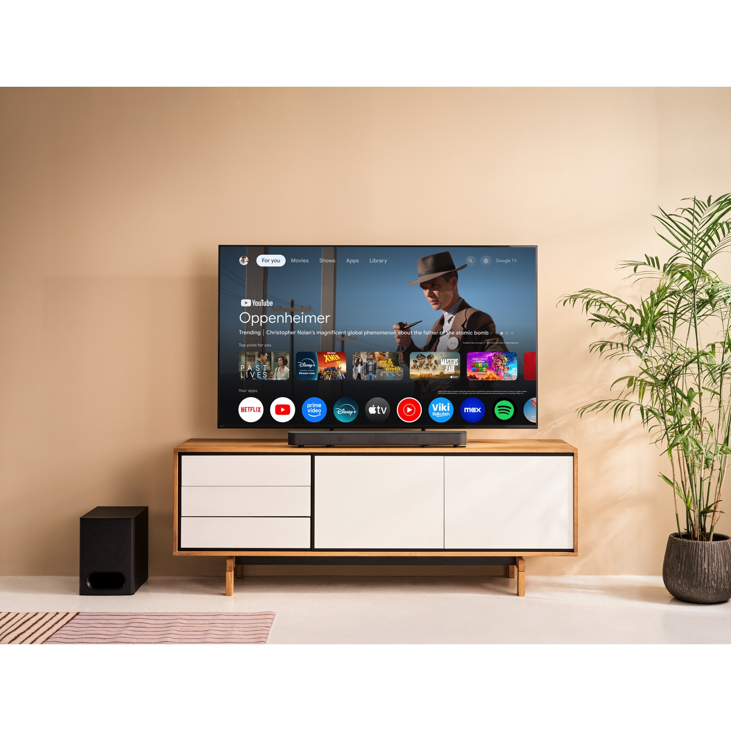 Living room with a TV, soundbar, sub, and a plant.