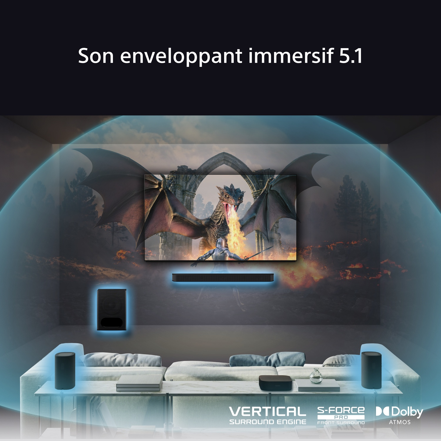 Une configuration de salon avec une TV, une barre de son, un caisson de basses et des enceintes.