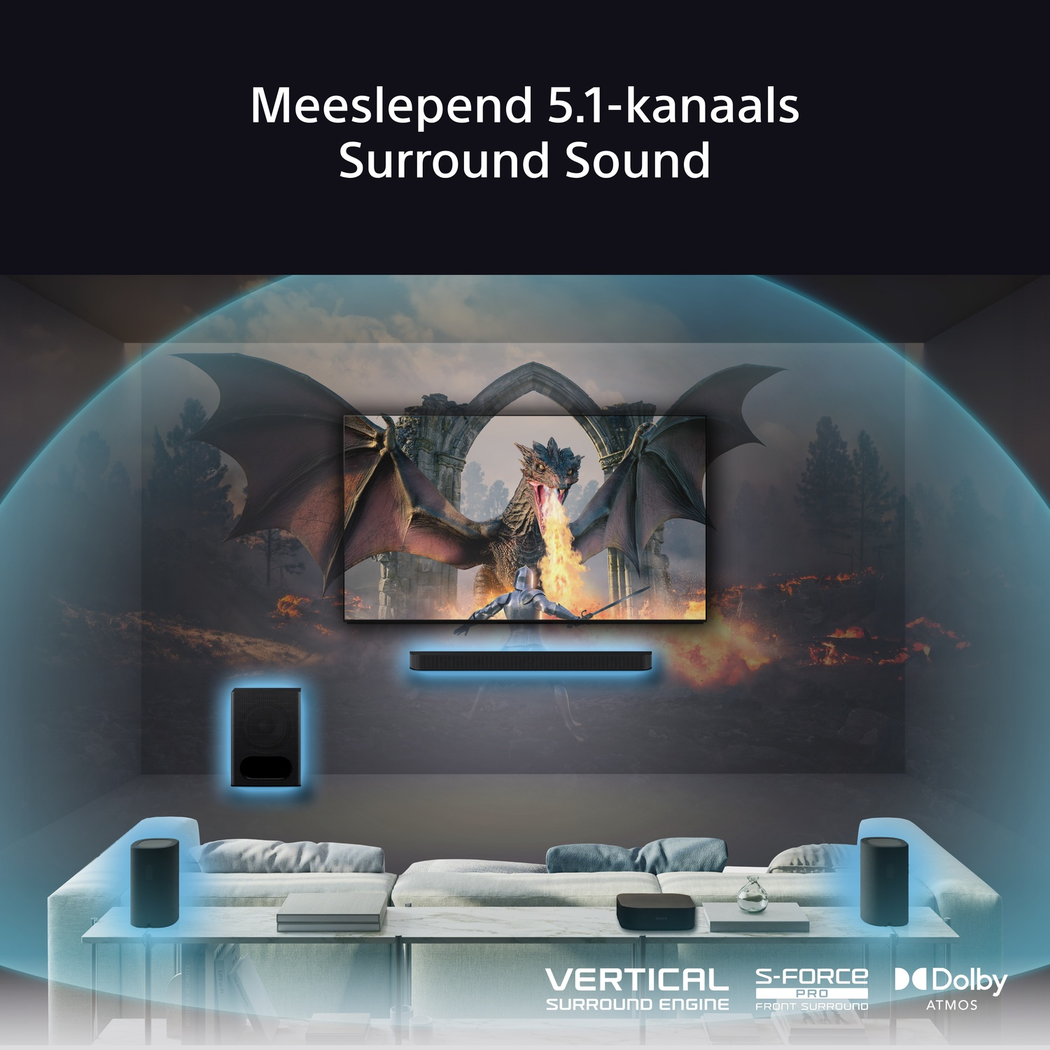 Living room with a TV displaying a dragon scene. Sound system with speakers and a soundbar.