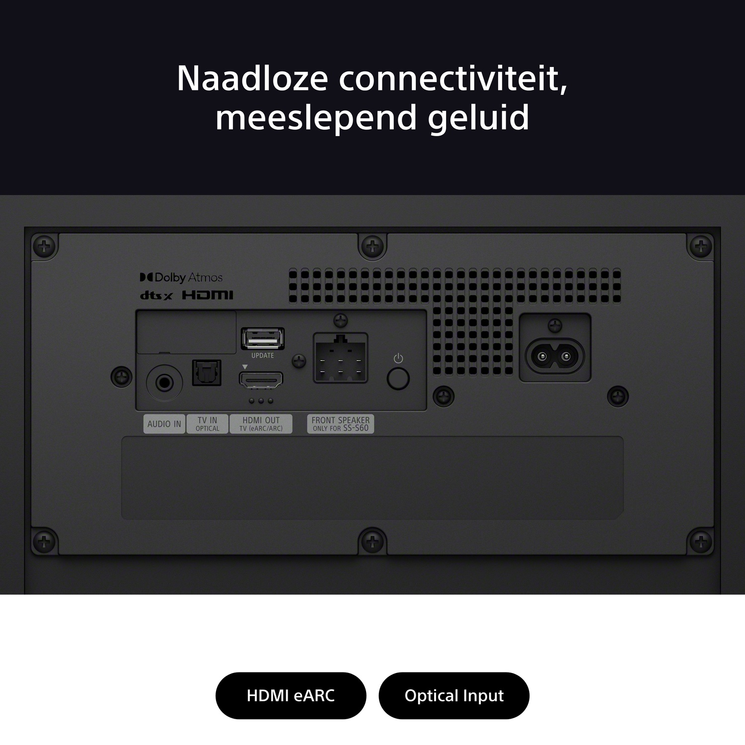 A close-up of the back of a black device with HDMI, and other ports, and the text HDMI eARC.