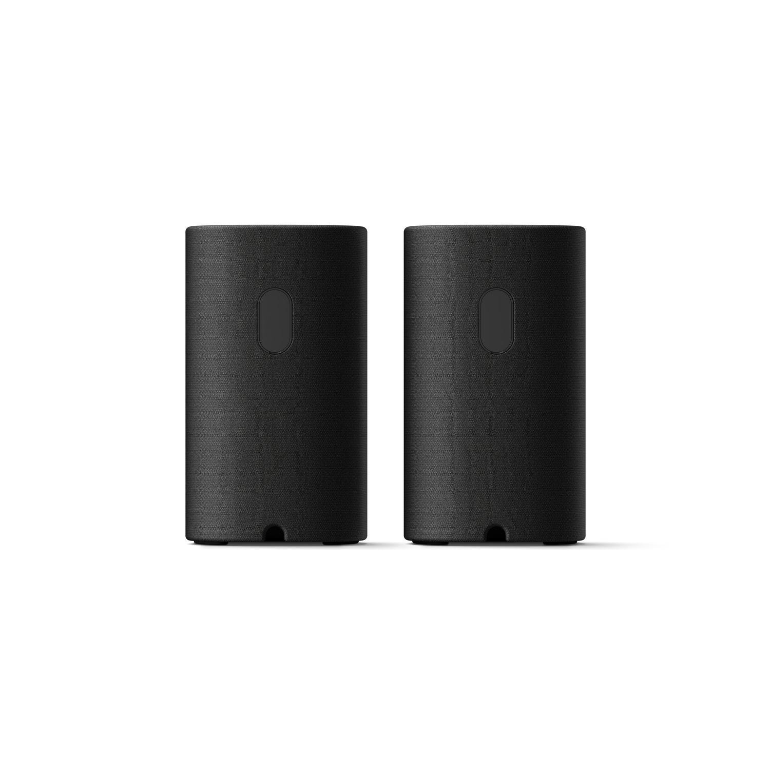 Deux enceintes noires cylindriques sur une surface blanche. Chacune a un ovale noir.