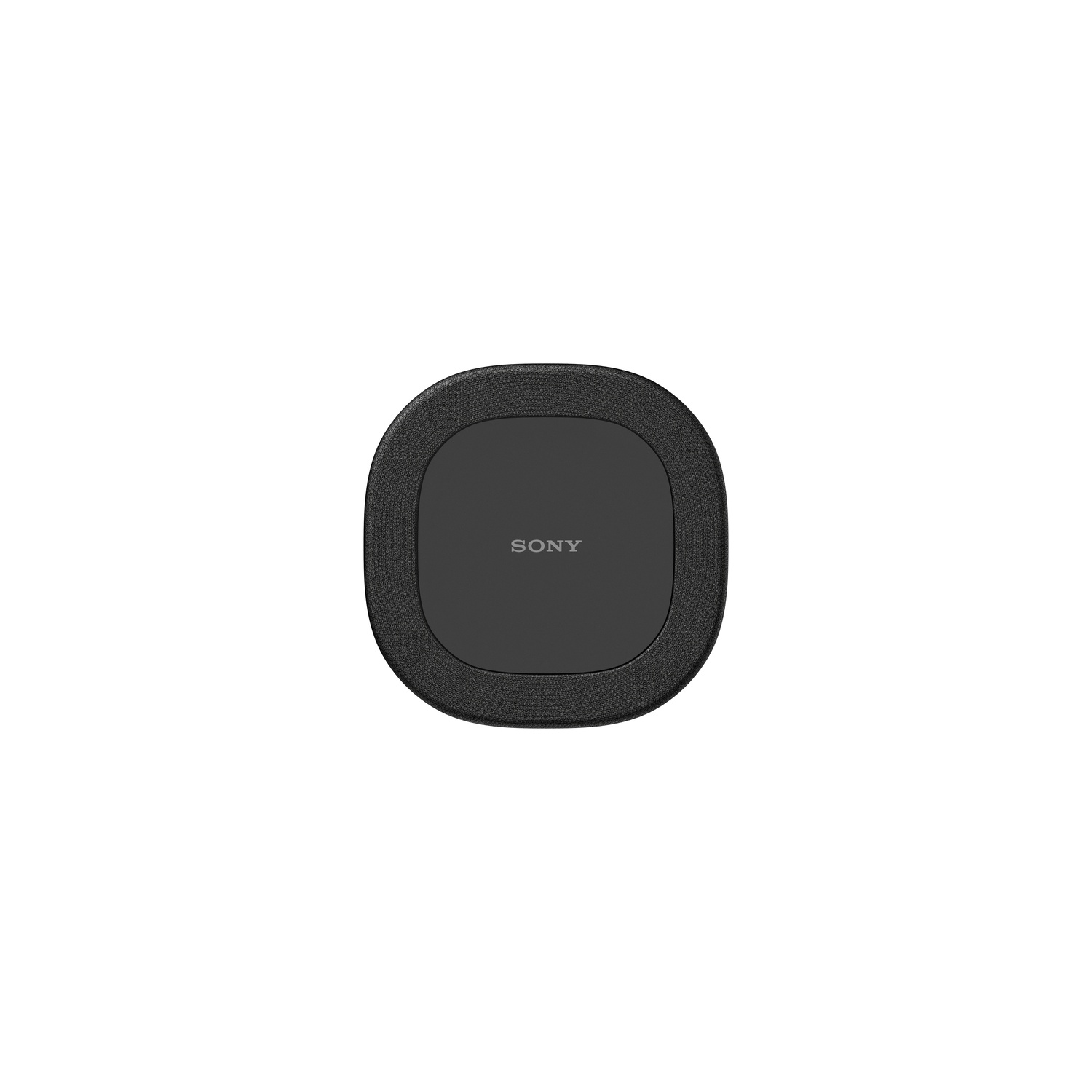 Enceinte Sony noire. Forme ronde, ovale avec revêtement en maille et logo Sony au centre.