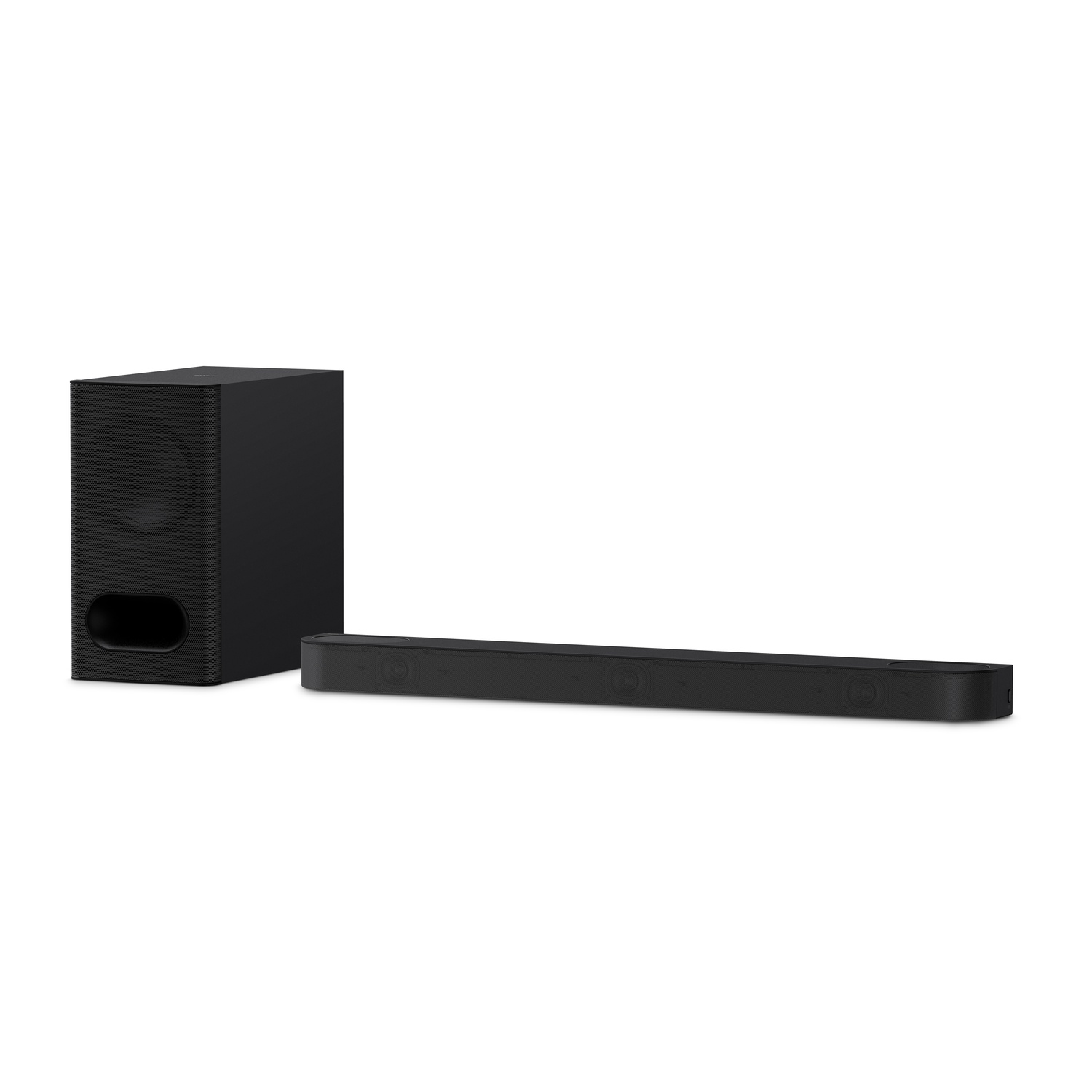 A black soundbar and subwoofer set against a white background.
