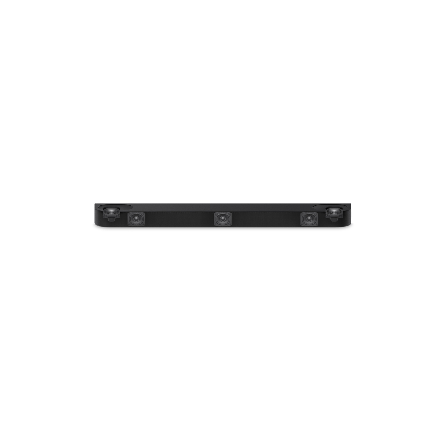 Black soundbar with five speakers, positioned on a white background.